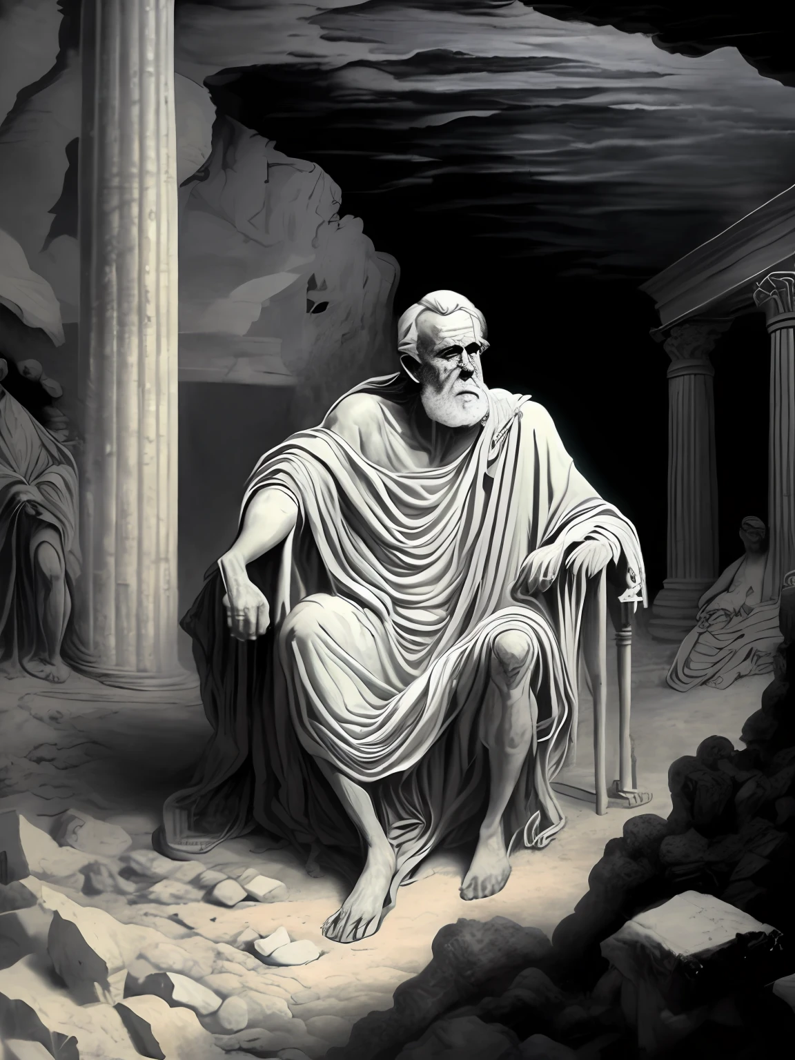 A black and white painting of an old man sitting in a cave surrounded by other ruined men of ancient Greece