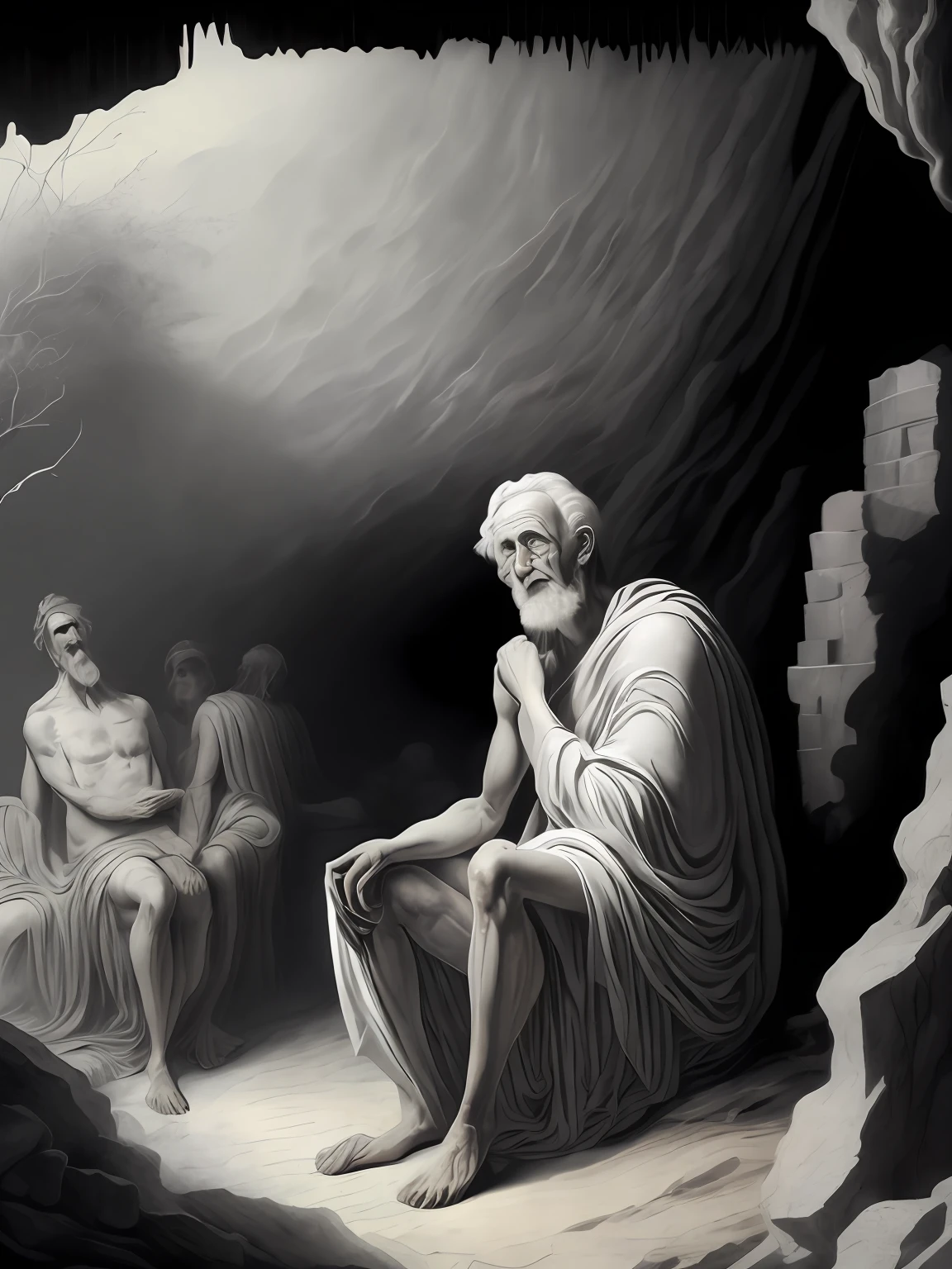 A black and white painting of an old man sitting in a cave surrounded by other ruined men of ancient Greece
