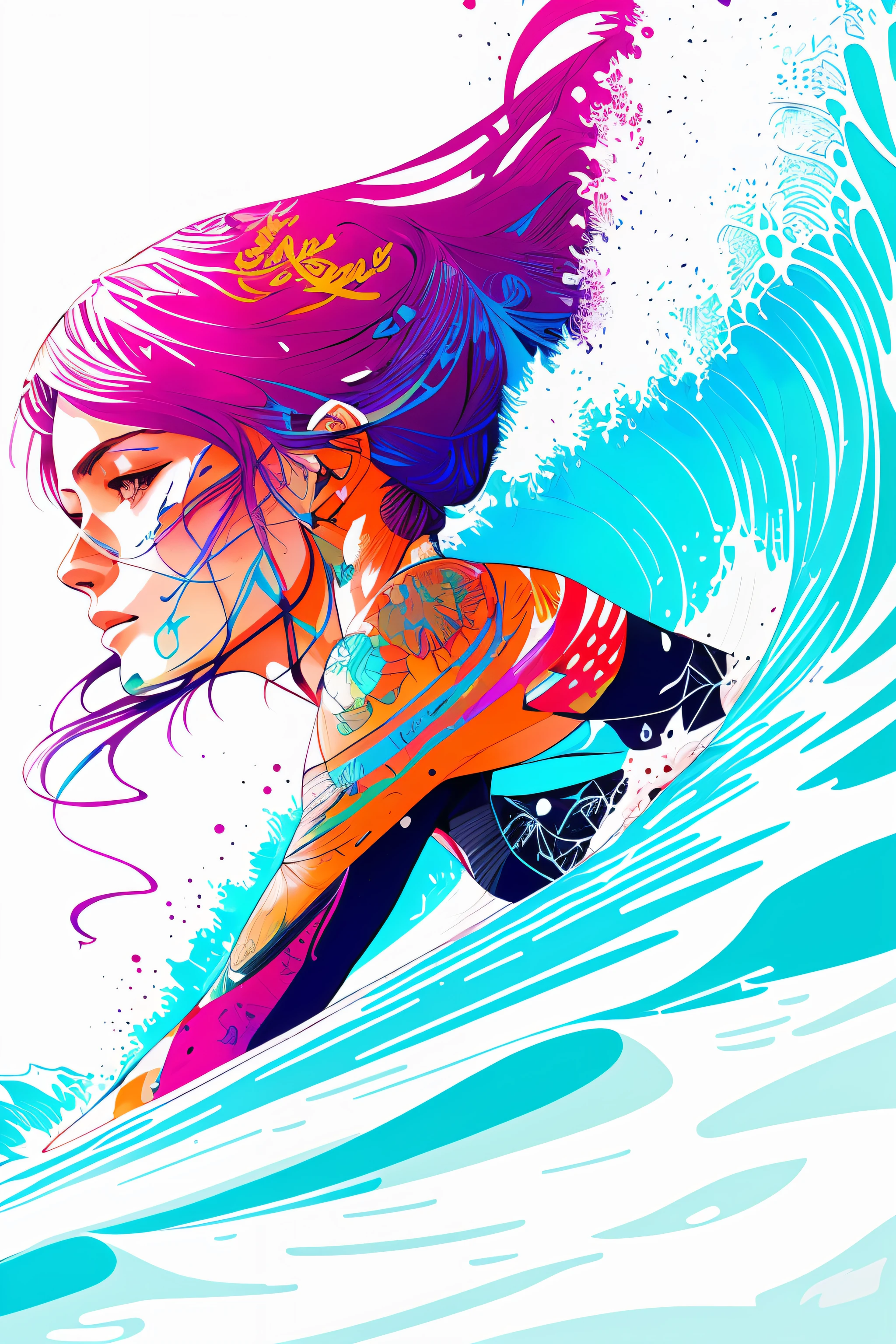 Female surfer riding waves, centered, key visual, intricate, highly detailed, breathtaking beauty, precise lineart, vectorial art, vibrant, comprehensive cinematic, Carne Griffiths, Conrad Roset, (the most beautiful portrait in the world:1.5)