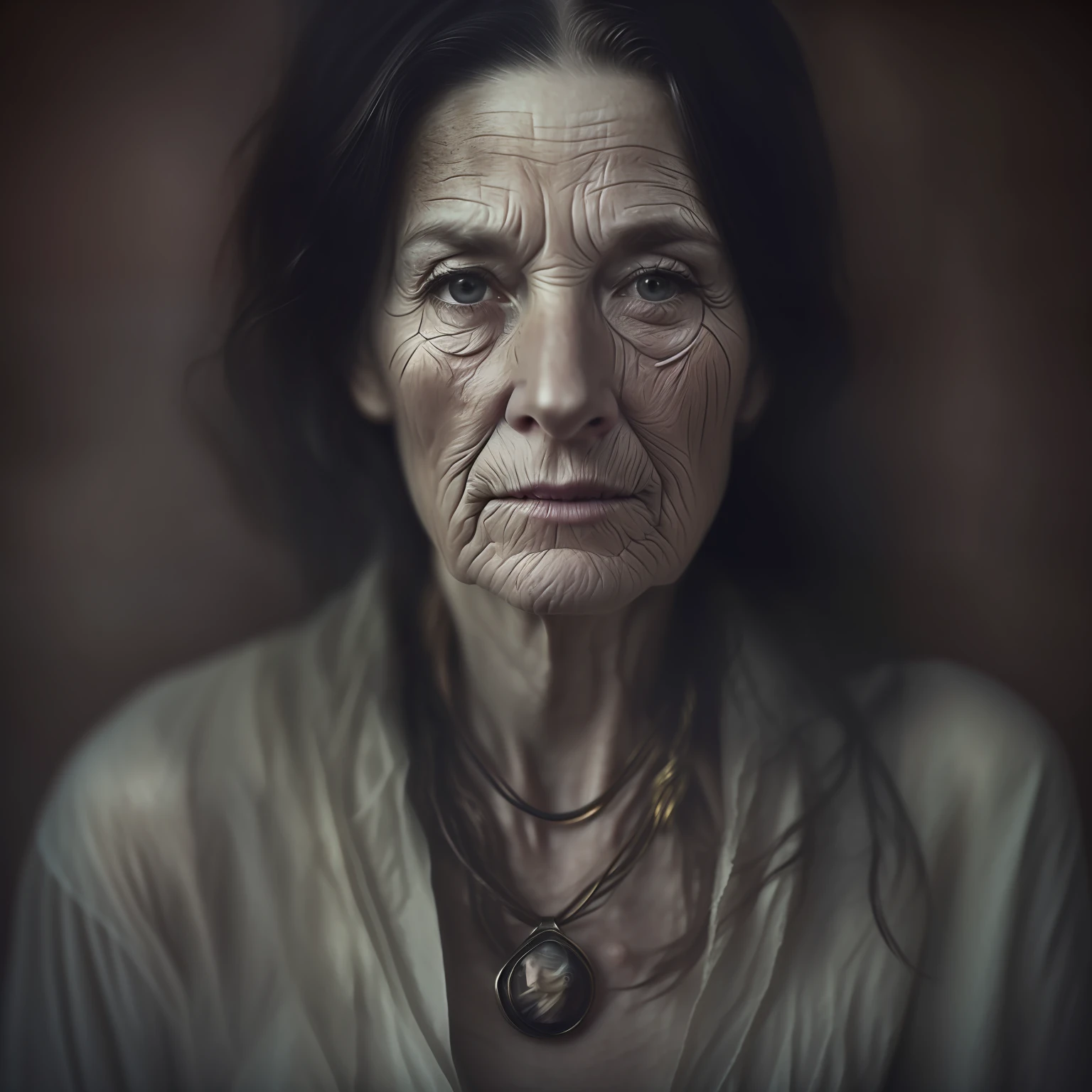 A mature woman, serene face, long dark hair, understated clothing, low-quality clothing, pale skin, decrepit complexion, visible injuries, pendant around her neck, portrait photography by Lee Jeffries and Martine Johanna, extreme detail, hyper realistic, 4k