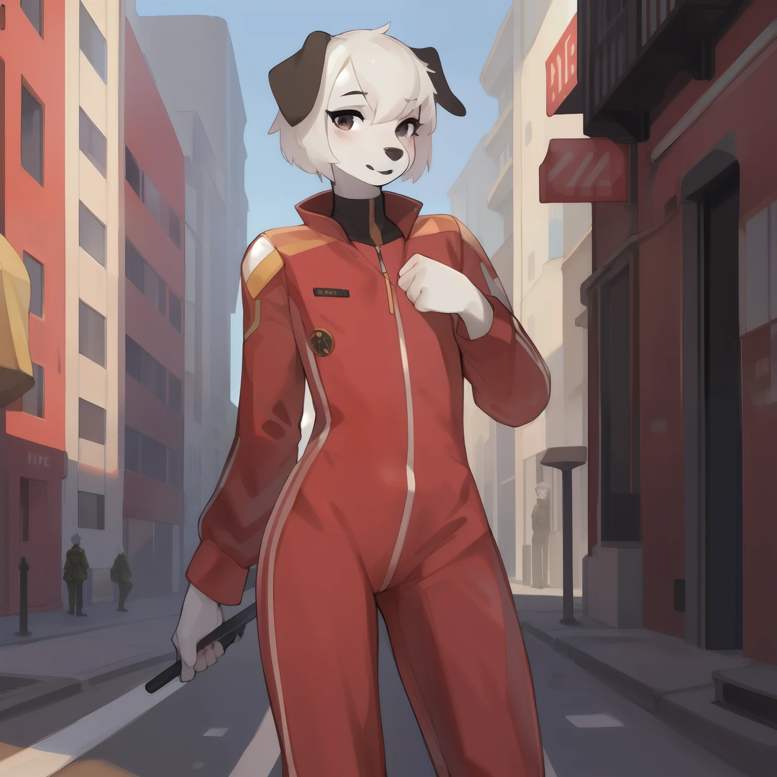 Solo, male, eyelashes, girly, femboy, eyeliner, lips, red military spacesuit, by bebebebebe, hair, street, dalmatian, black lip gloss, short white hair, small waist