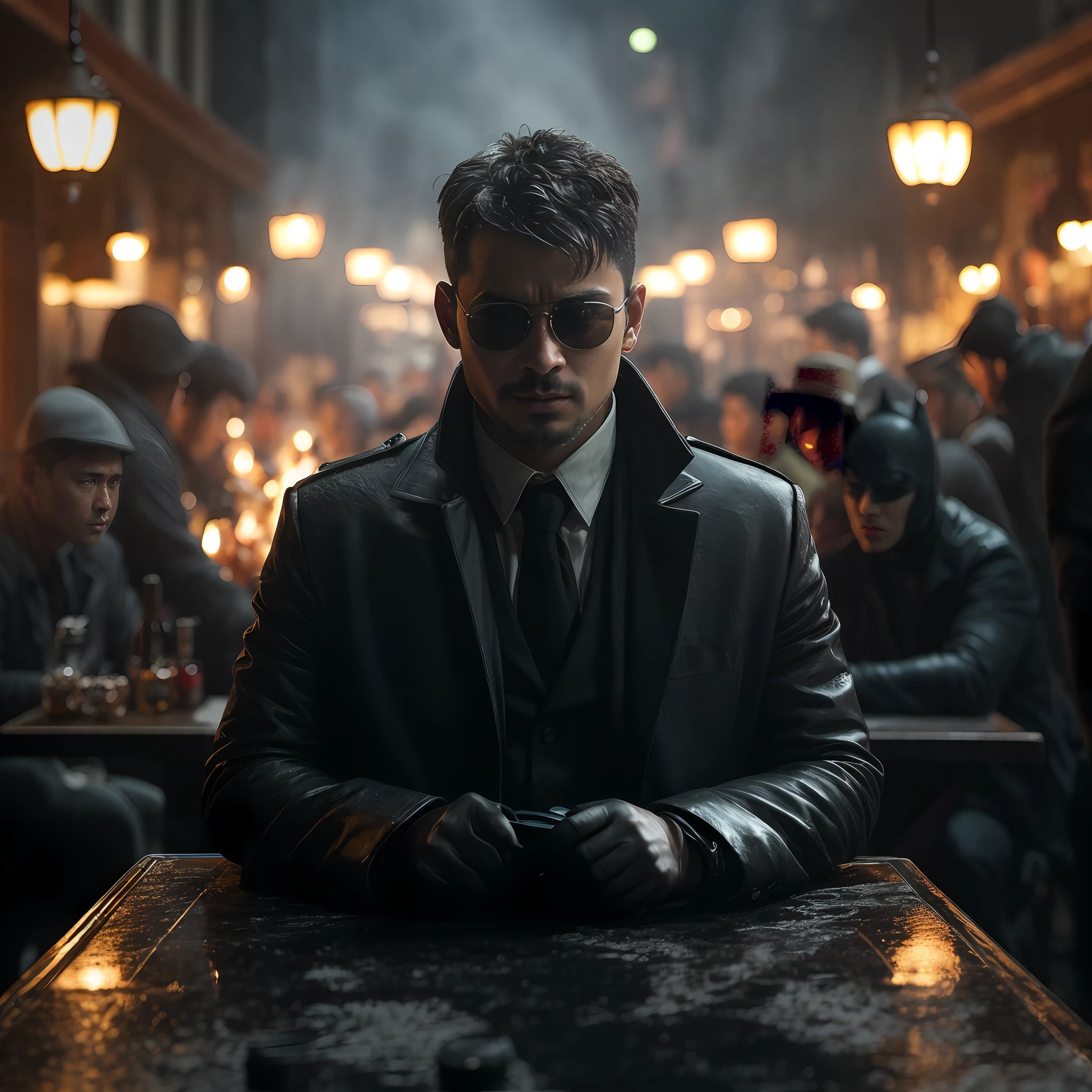 there is a man Kyaw Zay Ya sitting at a bar with a drink in his hand, in style of Kyaw Zay Ya, with sunglasses, handsome man, LoRA face Kyaw Zay Ya, detailed LoRa face (1.2), movie still 8 k, 8 k movie still, anton fadeev 8 k, 4 k movie still, 4k movie still, in batman movie still cinematic, finnian macmanus, 8k hdr movie still, 8 k hdr movie still, cinematic full shot, high res 8k