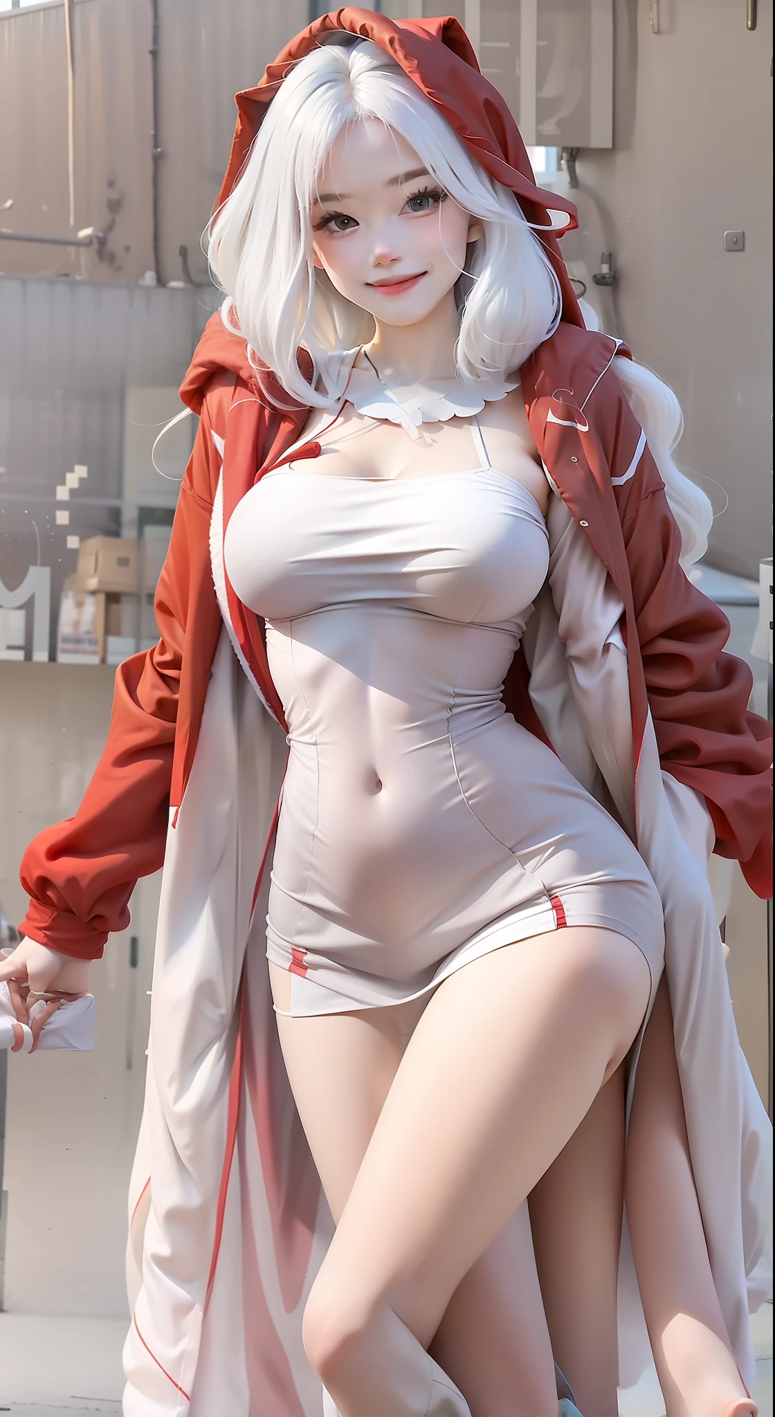 White color hair,Sweet smile,Lori huge breasts cleavage,Red cotton jacket,White down trims,show legs,Elongated white legs,prette,Barefoot,heads,long whitr hair,Innocent and adorable,Particles of love