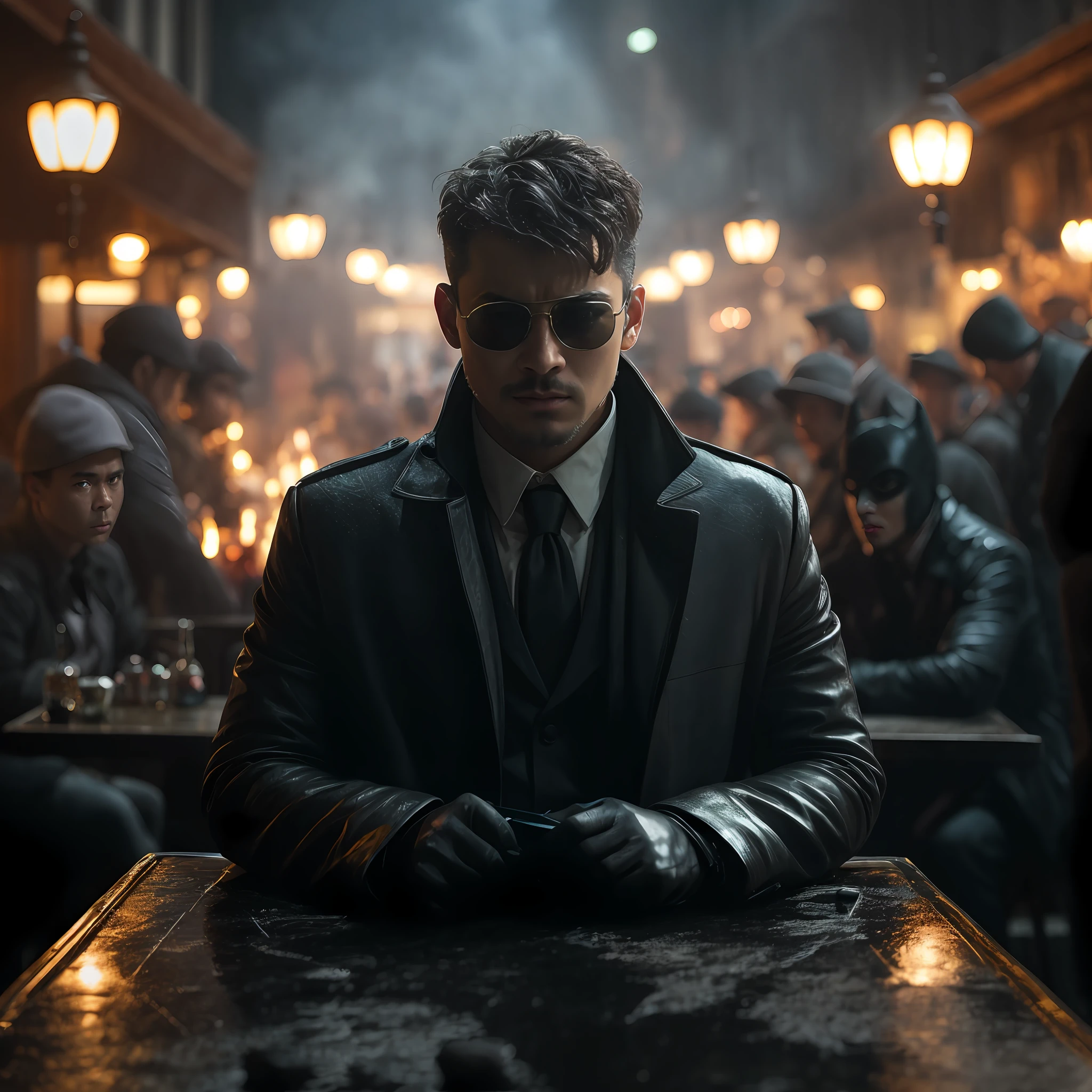 there is a man Kyaw Zay Ya sitting at a bar with a drink in his hand, in style of Kyaw Zay Ya, with sunglasses, handsome man, LoRA face Kyaw Zay Ya, detailed LoRa face (1.2), movie still 8 k, 8 k movie still, anton fadeev 8 k, 4 k movie still, 4k movie still, in batman movie still cinematic, finnian macmanus, 8k hdr movie still, 8 k hdr movie still, cinematic full shot, high res 8k