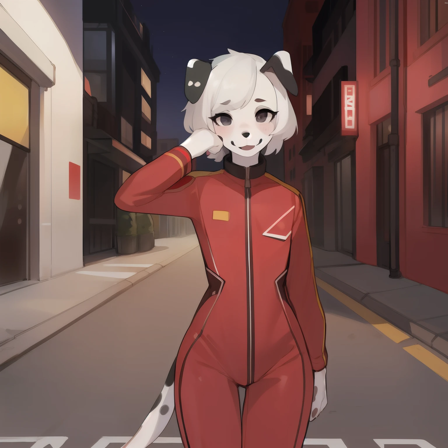 Solo, male, eyelashes, girly, femboy, eyeliner, lips, red military spacesuit, by bebebebebe, hair, street, dalmatian, black lip gloss, short white hair, small waist, wide hips