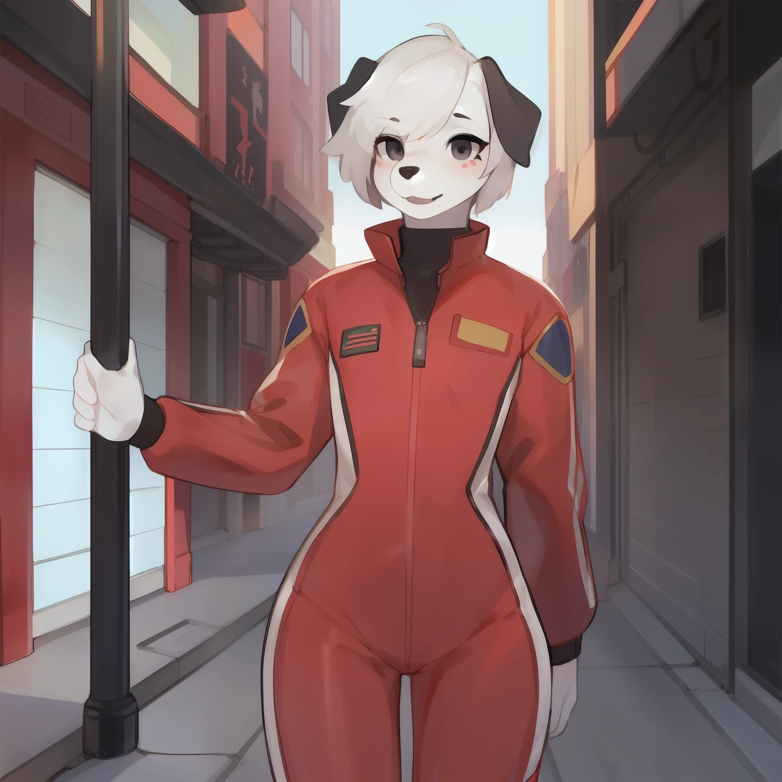 Solo, male, eyelashes, girly, femboy, eyeliner, lips, red military spacesuit, by bebebebebe, hair, street, dalmatian, black lip gloss, short white hair, small waist, wide hips