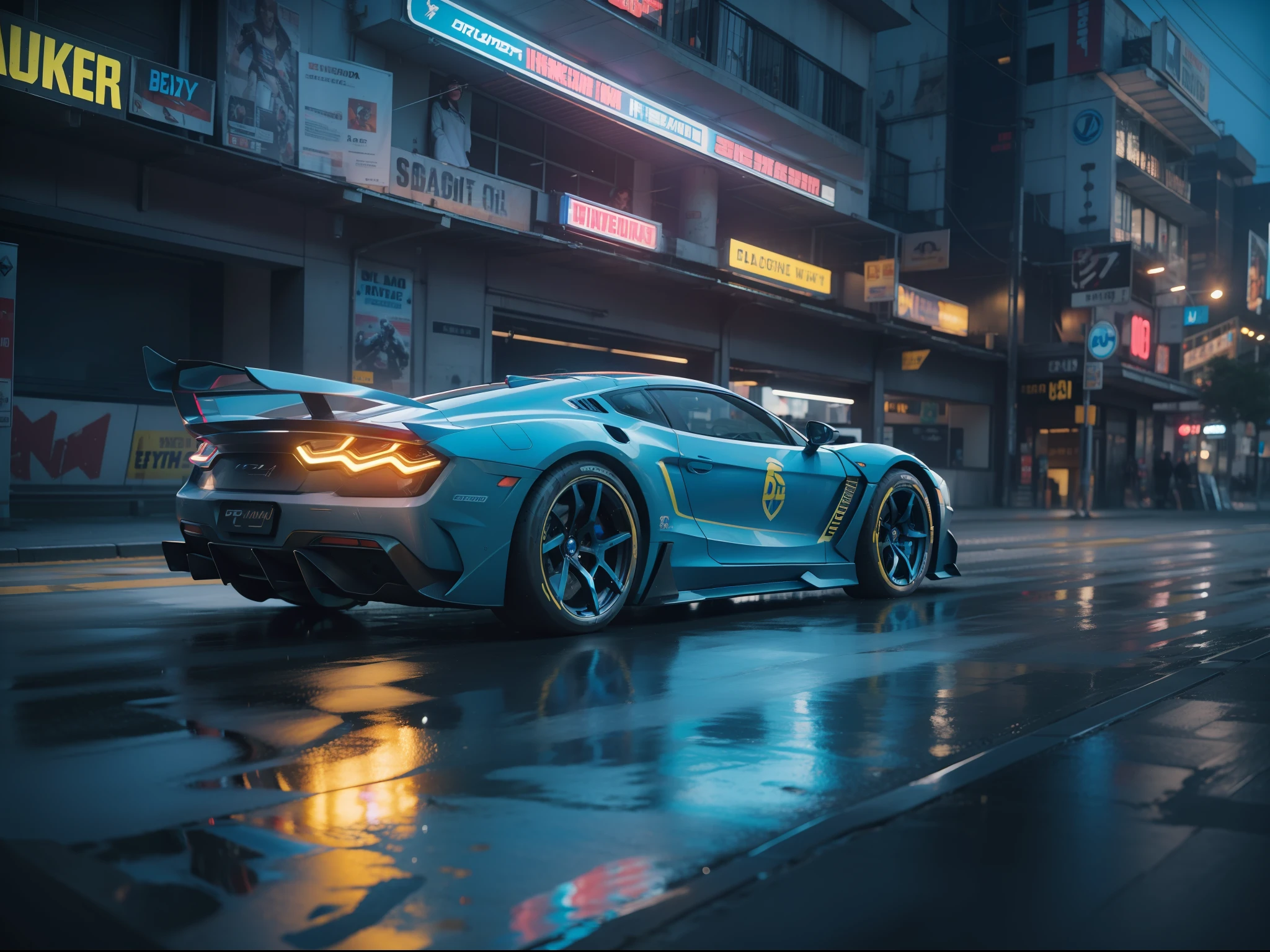 cyberpunk 2077 supercar, blue, in cyberpunk 2077 city photoshoot, running at high speed, glowing lights, speed sensation, well framed at middle range, neon colored luxury rims, slammed, extreme detail, illegal race car, extreme photorealistic, 3D, 8k, Hyper detailed car, perfect soft lighting, great lighting, car photography, fisheye lens, raining, reflection, octane render, high quality