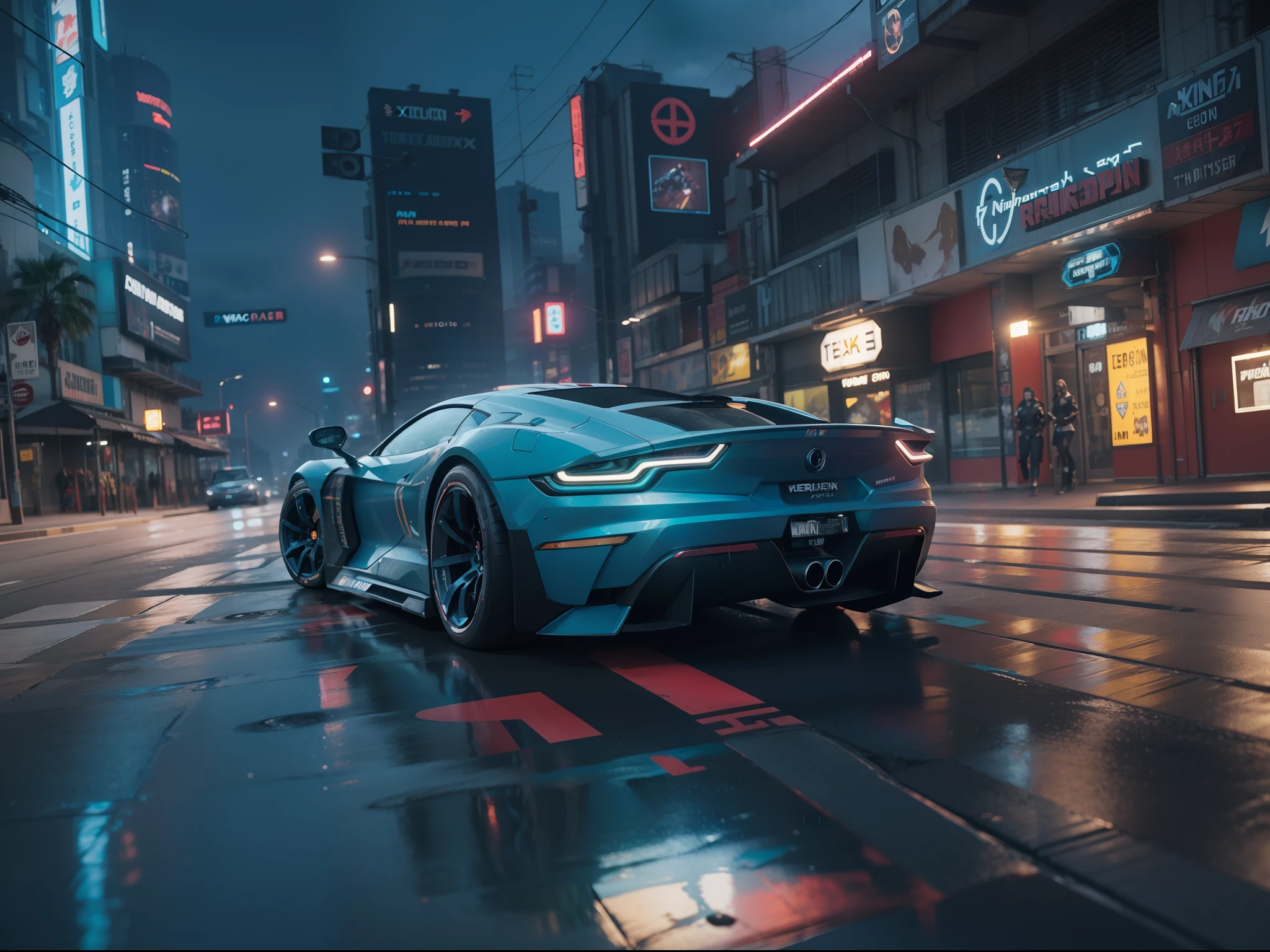 cyberpunk 2077 supercar, blue, in cyberpunk 2077 city photoshoot, running at high speed, glowing lights, speed sensation, well framed at middle range, neon colored luxury rims, slammed, extreme detail, illegal race car, extreme photorealistic, 3D, 8k, Hyper detailed car, perfect soft lighting, great lighting, car photography, fisheye lens, raining, reflection, octane render, high quality