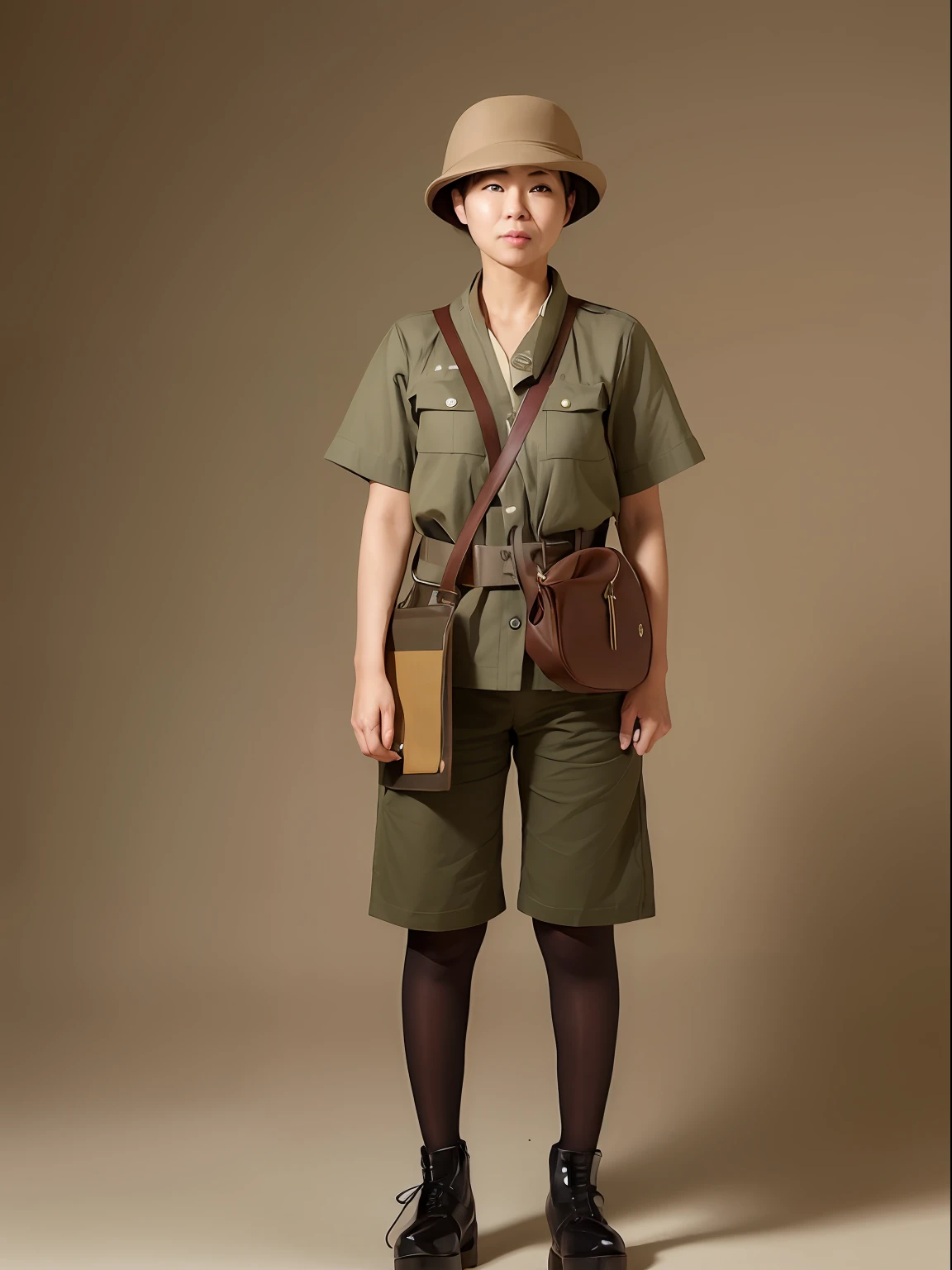 Woman in uniform standing with bag, Full body portrait of the ranger, Adventurer in his 40s, Portrait of a female ranger, Rinko Kawaichi, military outfits, eiko ishioka, full - body - front - shot, soldier outfit, full uniform, fully body photo, Looks like the 1940s