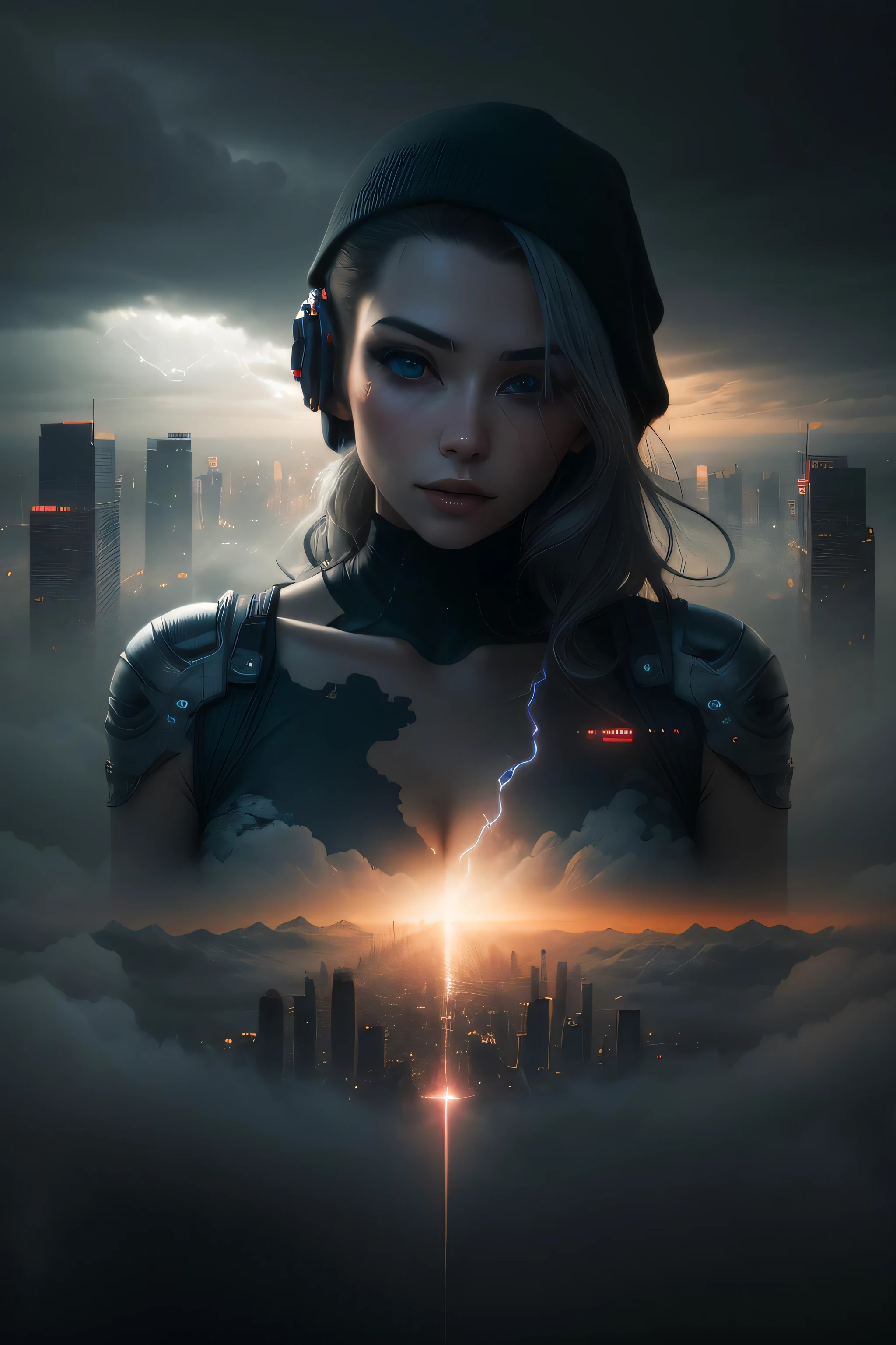 cyberpunk [foggy cityscape in the distance : very pretty girl, city:0.33] immersed in a giant flow of wind, living in a thunder cloud, behind the cloud, (double exposure:1.3), photo by Brandon Woelfelmist, surreal dream, gray atmosphere, rainy day, dynamic, lut, hdr