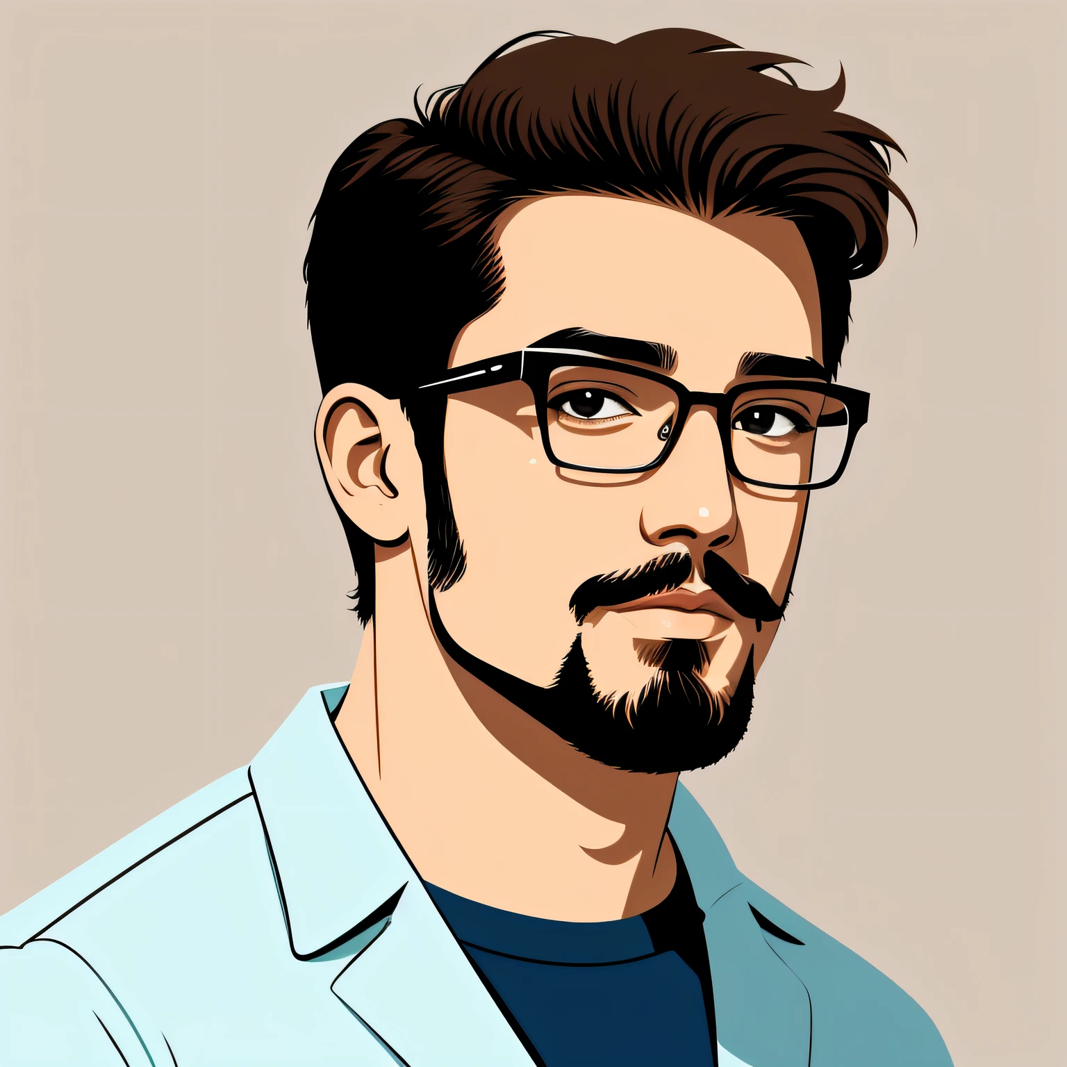 illustration of a man with glasses, wearing a goatee, short hair, brown eyes, cartoon style