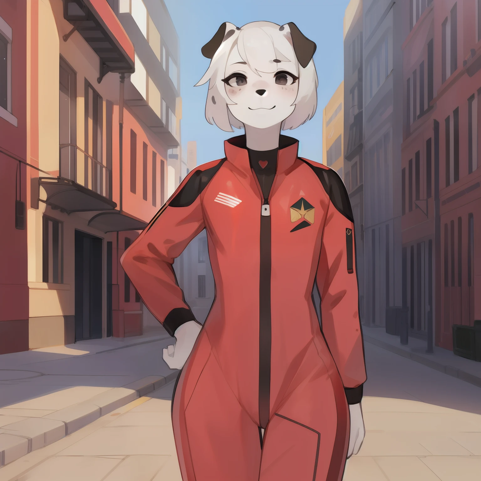 Solo, male, eyelashes, girly, femboy, eyeliner, lips, red military spacesuit, by bebebebebe, hair, street, dalmatian, black lip gloss, short white hair, small waist, wide hips