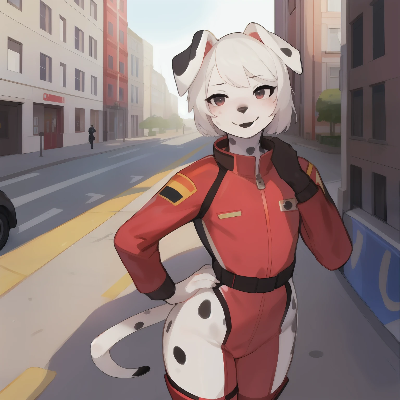Solo, male, eyelashes, girly, femboy, eyeliner, lips, red military spacesuit, by bebebebebe, hair, street, dalmatian, black lip gloss, short white hair, small waist, wide hips