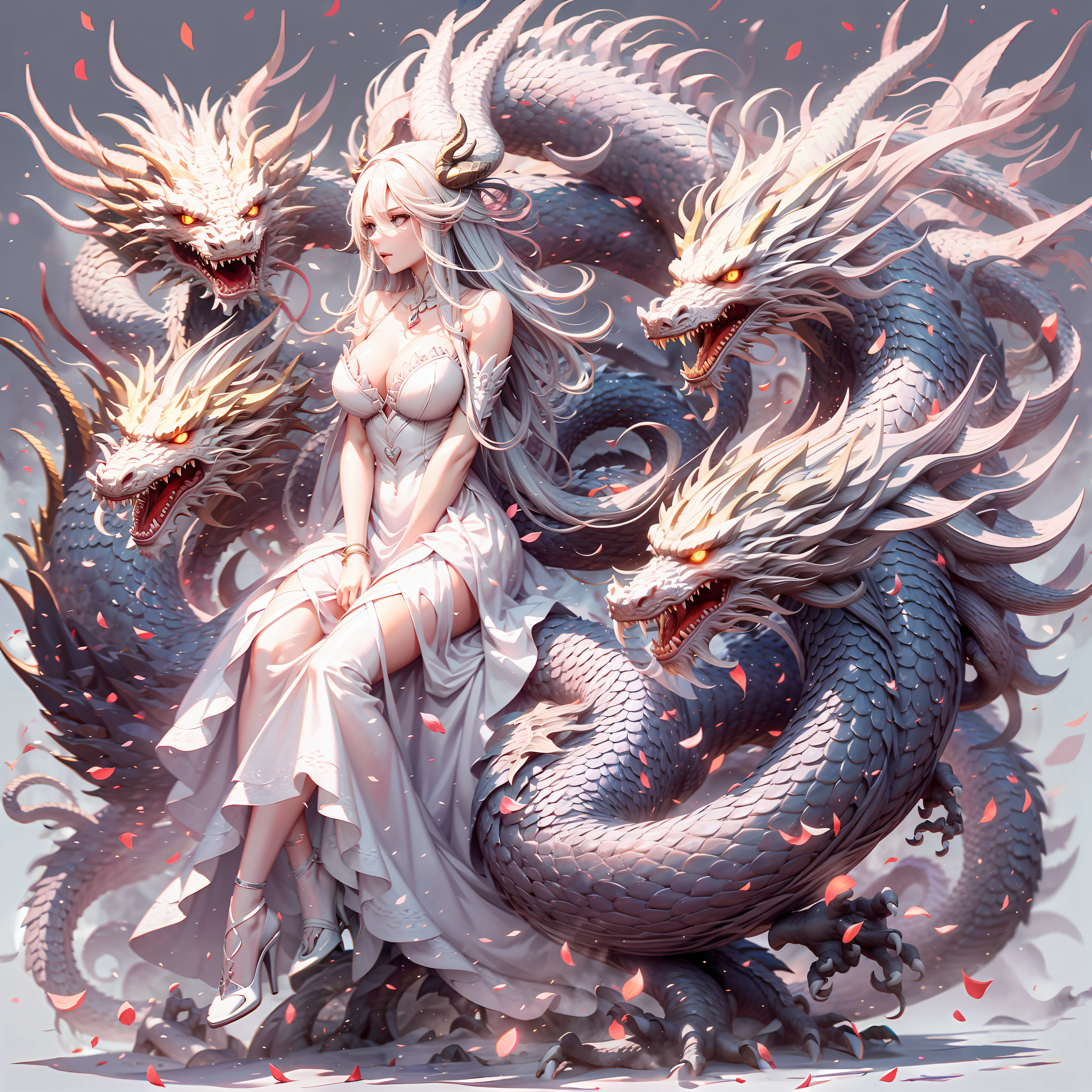 Dragon_Real,offcial art,( 8K quality,tmasterpiece,best qualtiy,ultra - detailed),best illuminate,(The best shadow,Extremely delicate and beautiful bloom),The girl is surrounded by dragons,perfect body figure (1female:1.4),nedium breasts,full bodyesbian,white dresses,(sermon:1.4),((Sexy high heels)),(Silvery-white hair)