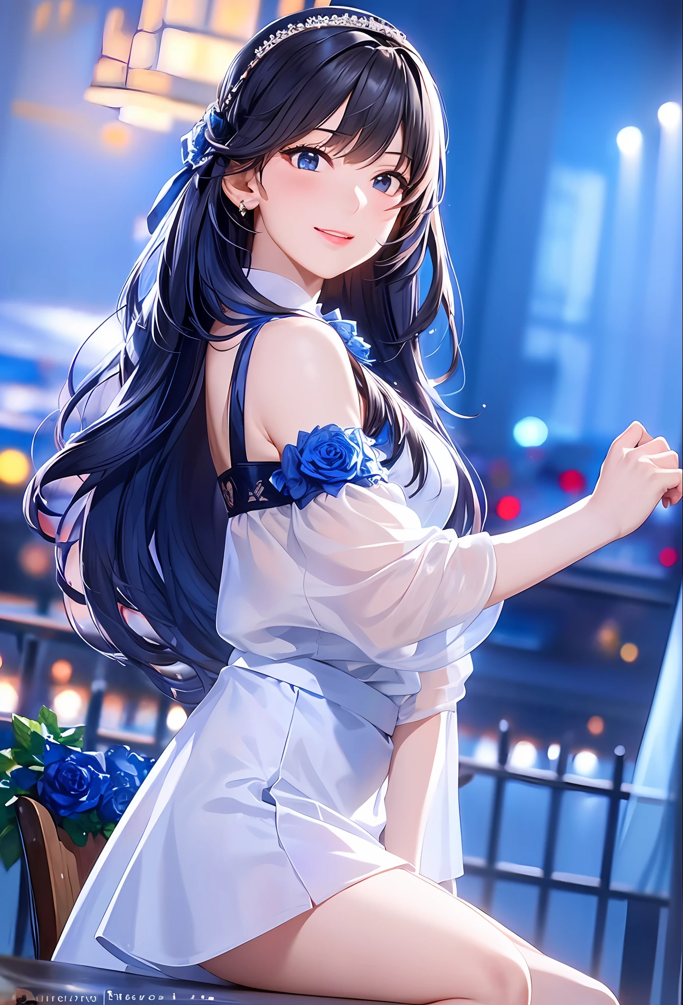 (8k, top quality, masterpiece: 1.2), (realistic, photorealistic: 1.37), super detailed, girl alone, cute, solo, midnight, beautiful detailed sky, detailed café, sitting, dating, (blush), (smile: 1.15), small breasts (mouth closed), beautiful fine eyes, floating hair NovaFrogStyle, back open dress, blue rose accessories, Blue rose background