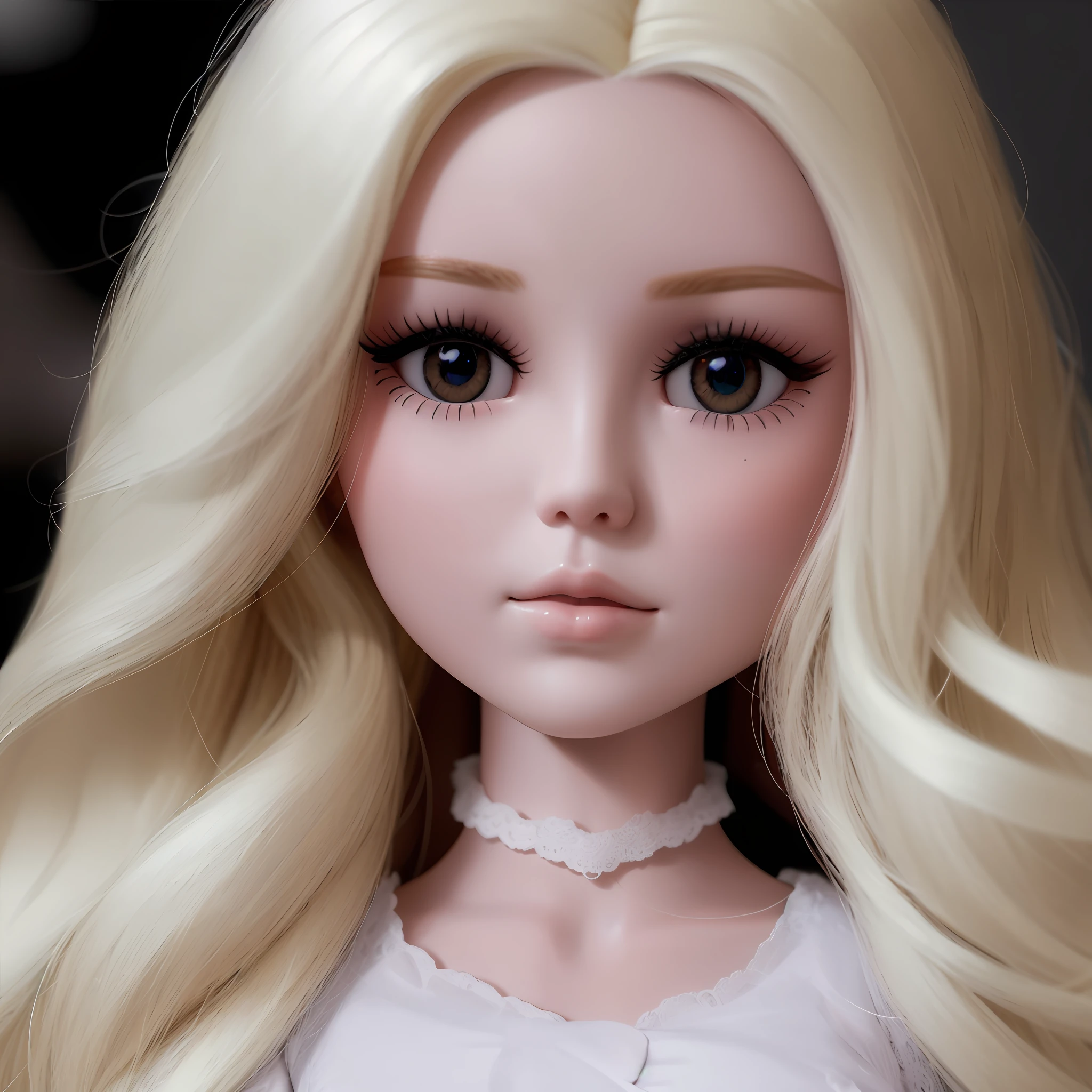 boneca barbie loira com longos cabelos loiros e um vestido de renda branco, longos cabelos loiros e olhos grandes, boneca articulada da bola, longos cabelos loiros e olhos grandes, cabelos loiros e olhos grandes, skyboneca noa |, imagem detalhada, imagem detalhada, plastic doll, pale milky white porcelain skin, boneca barbie anime, Retrato da boneca Barbie, boneca, cara de boneca, porcelana pele branca