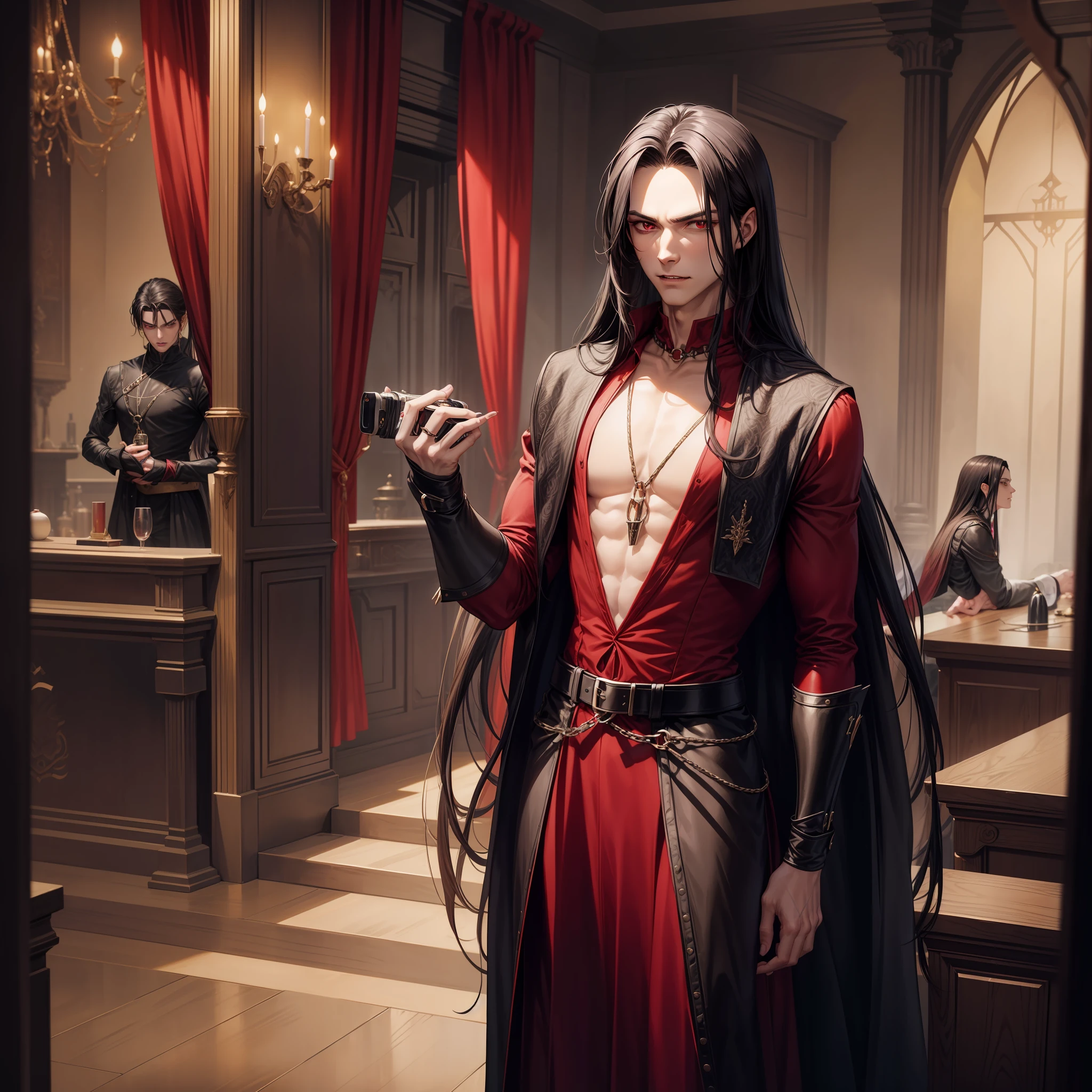 there is a man standing in a room with a camera, skinny male, androgynous vampire, with long dark hair, as a medieval fantasy character, male vampire, handsome male vampire, with long hair, elegant outfit with red shirt and harness on torso, rings on hand, office background