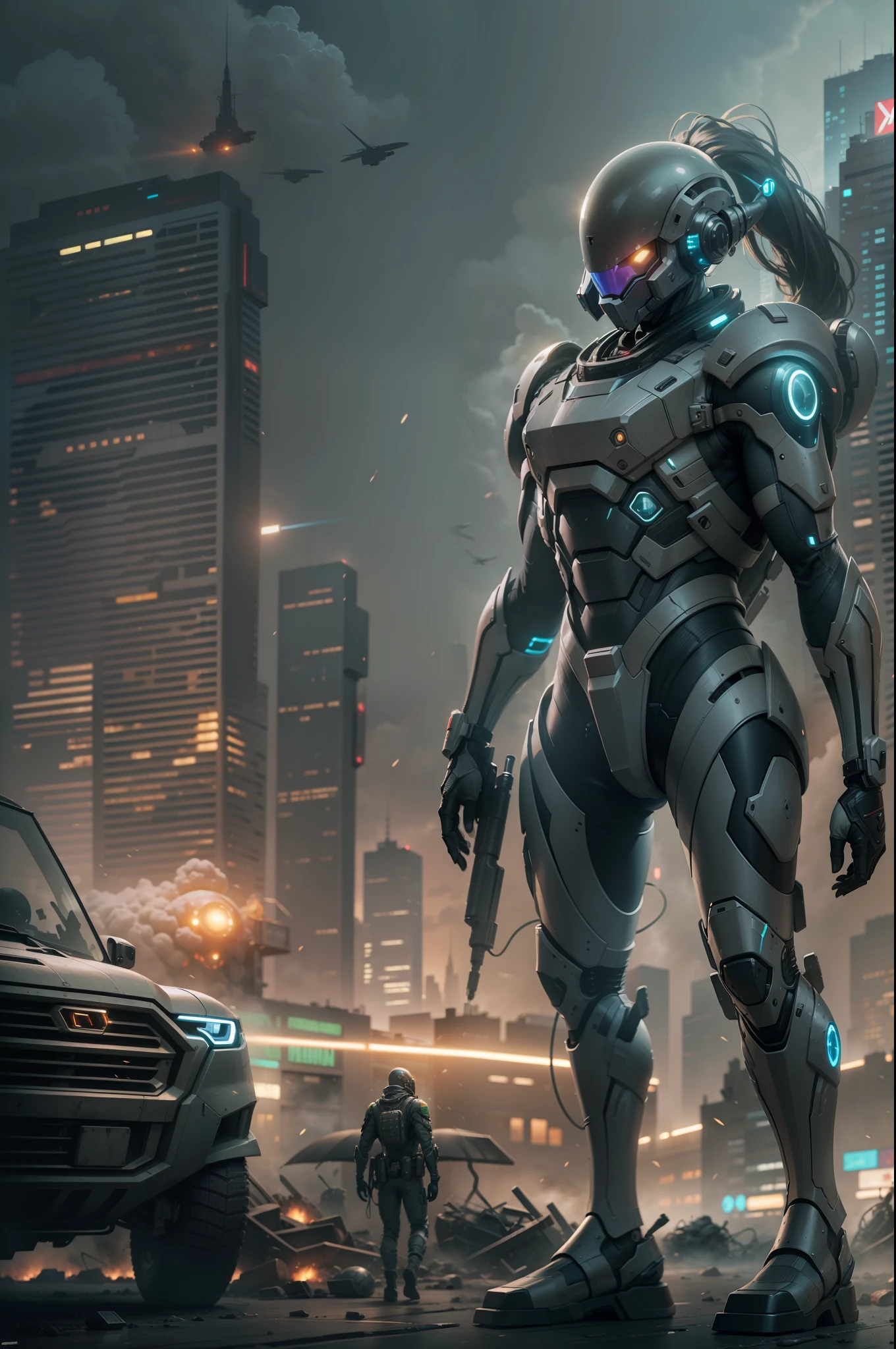 "A highly technological and advanced alien soldier in an apocalyptic city"