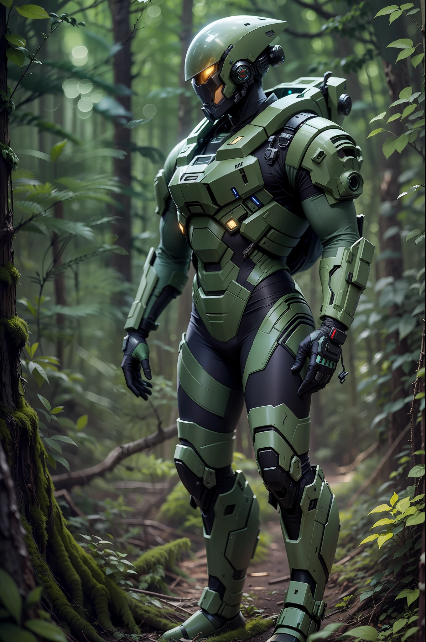 A highly technological and advanced alien soldier in a dense, closed forest.