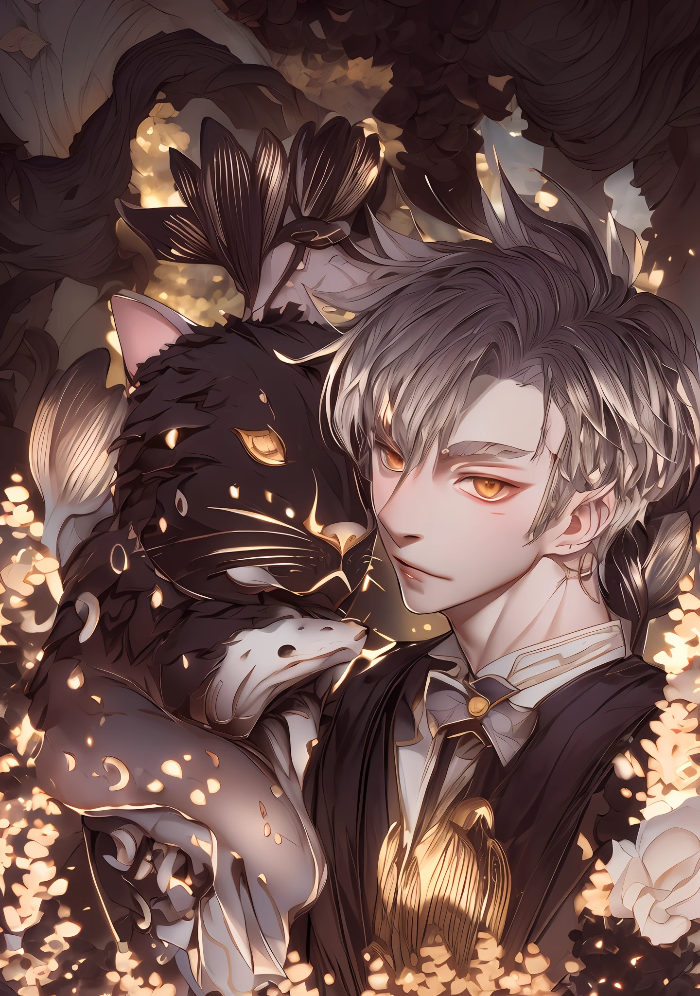 anime boy hugging a cat with a butterfly on his head, inspired by Okumura Masanobu, nixeu and sakimichan, anime style portrait, soft anime illustration, delicate androgynous prince, digital anime illustration, beautiful androgynous prince, boy with cat ears and tail, in an anime style, in anime style,, beautiful line art, detailed manga style, extremely fine ink lineart,exquisite line art, perfect lineart,exquisite line art, exquisite digital illustration, detailed digital drawing,digital anime illustration, a beautiful artwork illustration, detailed matte fantasy portrait, beautiful line art, great digital art with details, goddess. extremely high detail, 4k detailed digital art, stunning digital illustration, digital fantasy illustration,((Best quality)), ((masterpiece)), (detailed:1.4), 3D, an image of a beautiful female,HDR (High Dynamic Range),Ray Tracing,NVIDIA RTX,Super-Resolution,Unreal 5,Subsurface scattering,PBR Texturing,Post-processing,Anisotropic Filtering,Depth-of-field,Maximum clarity and sharpness,Multi-layered textures,Albedo and Specular maps,Surface shading,Accurate simulation of light-material interaction,Perfect proportions,Octane Render, Two-tone lighting,Wide aperture,Low ISO,White balance,Rule of thirds,8K RAW,subsurface scattering, best ratio of four fingers and one thumb,
