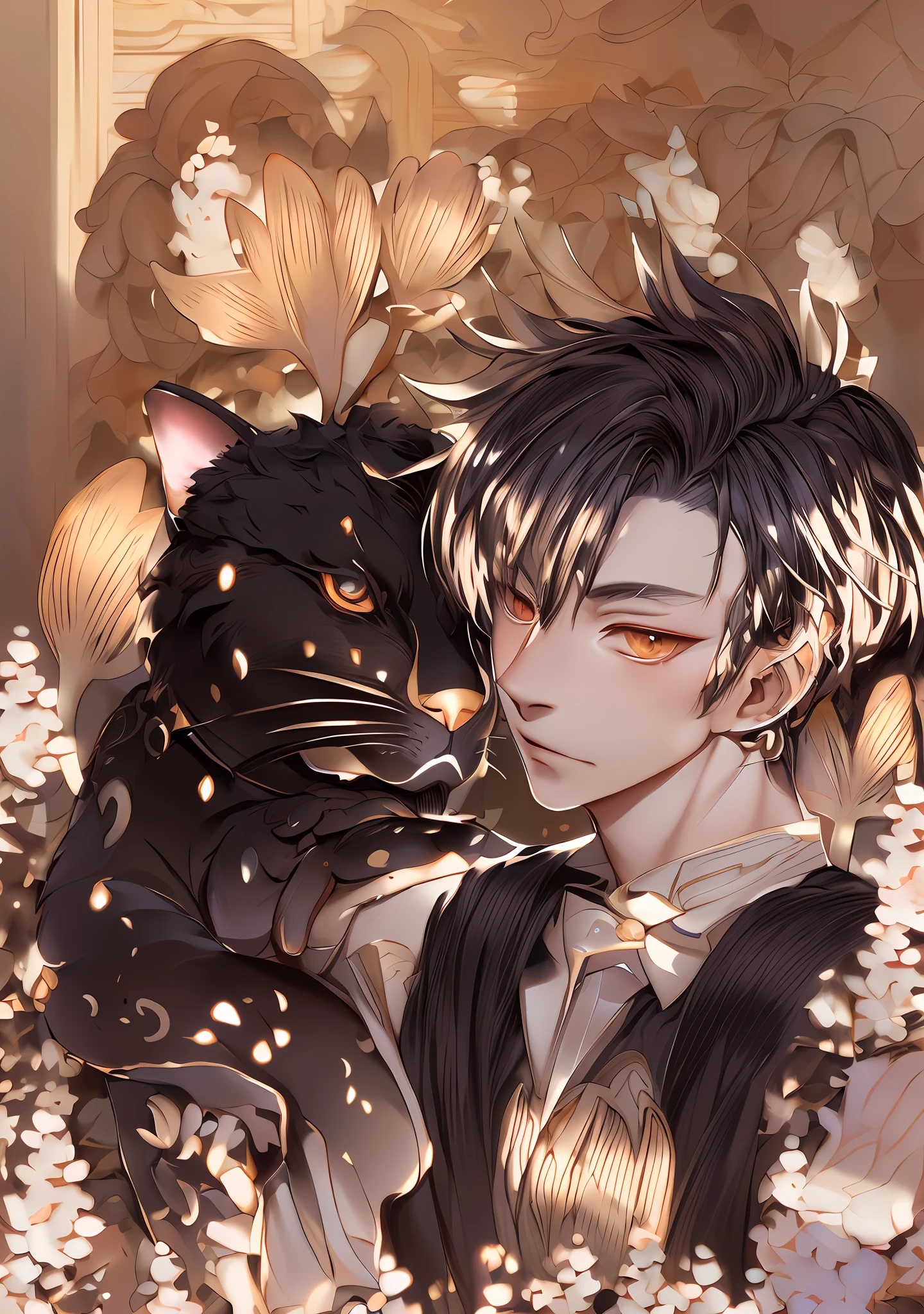 anime boy hugging a cat with a butterfly on his head, inspired by Okumura Masanobu, nixeu and sakimichan, anime style portrait, soft anime illustration, delicate androgynous prince, digital anime illustration, beautiful androgynous prince, boy with cat ears and tail, in an anime style, in anime style,, beautiful line art, detailed manga style, extremely fine ink lineart,exquisite line art, perfect lineart,exquisite line art, exquisite digital illustration, detailed digital drawing,digital anime illustration, a beautiful artwork illustration, detailed matte fantasy portrait, beautiful line art, great digital art with details, goddess. extremely high detail, 4k detailed digital art, stunning digital illustration, digital fantasy illustration,((Best quality)), ((masterpiece)), (detailed:1.4), 3D, an image of a beautiful female,HDR (High Dynamic Range),Ray Tracing,NVIDIA RTX,Super-Resolution,Unreal 5,Subsurface scattering,PBR Texturing,Post-processing,Anisotropic Filtering,Depth-of-field,Maximum clarity and sharpness,Multi-layered textures,Albedo and Specular maps,Surface shading,Accurate simulation of light-material interaction,Perfect proportions,Octane Render, Two-tone lighting,Wide aperture,Low ISO,White balance,Rule of thirds,8K RAW,subsurface scattering, best ratio of four fingers and one thumb,