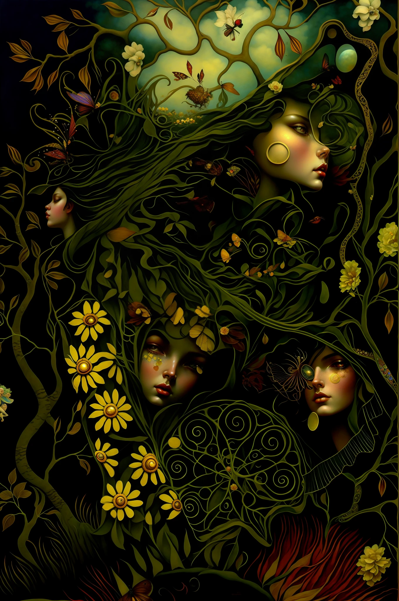 pintura de uma mulher com uma borboleta e uma flor em seu cabelo, Inspirado por James Christensen, inspirado em James C. Christensen, inspirado em Victor Nizovtsev, enchanted with nature spirit, fantasy painterly style, A Deusa Borboleta do Fogo, whimsical and psychedelic, psychedelic goddess, esao andrews : : ornado, inspirado em Rebecca Guay, Annie Stegg Geraldo