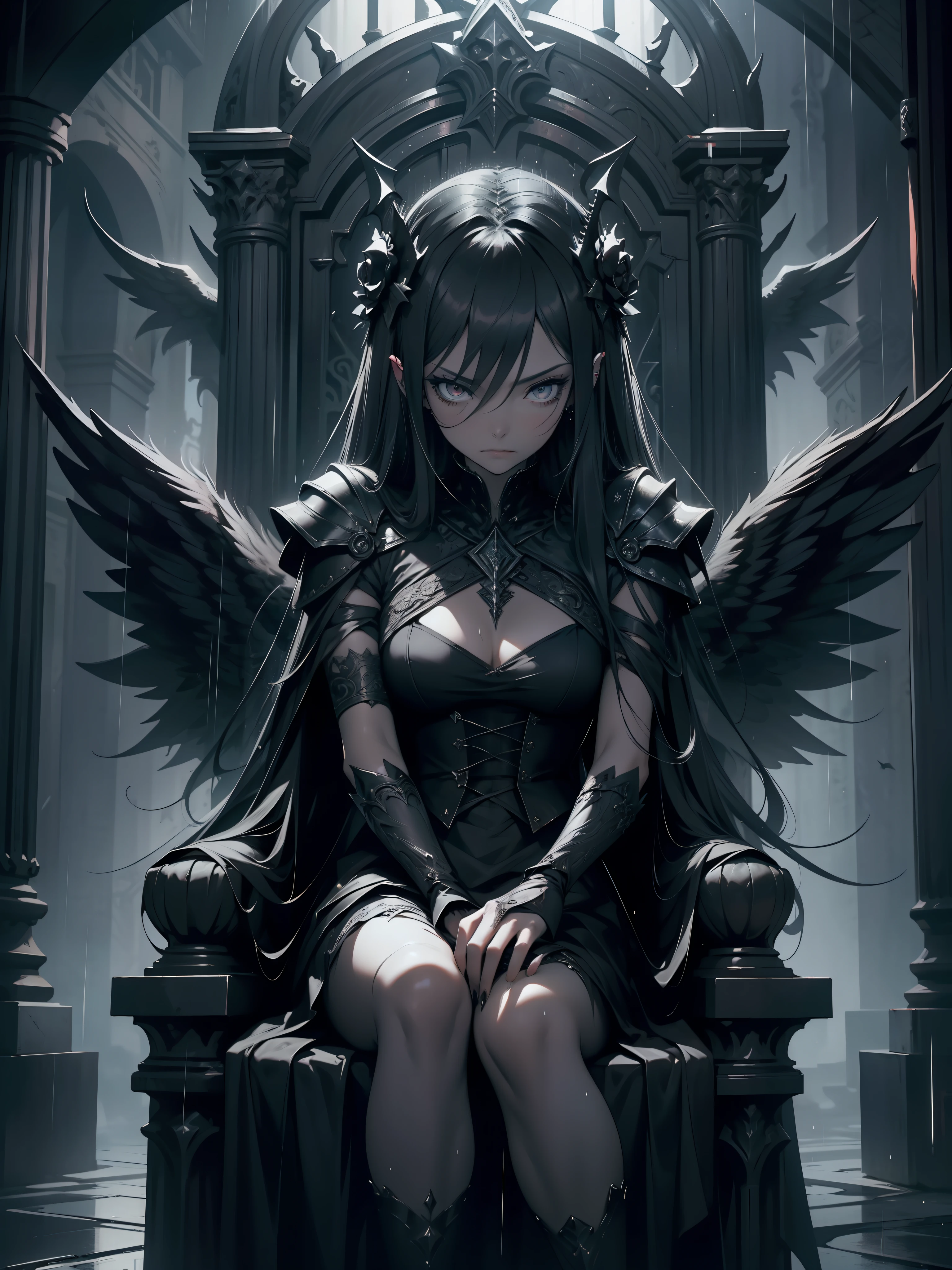 black theme,(((masterpiece))),dead angels, throne, she is evil and beautiful, bloody rain, mystical, fanatic, intricate, surreal, delicate, 6 arms, 4 black wings, wearing armored gothic dress