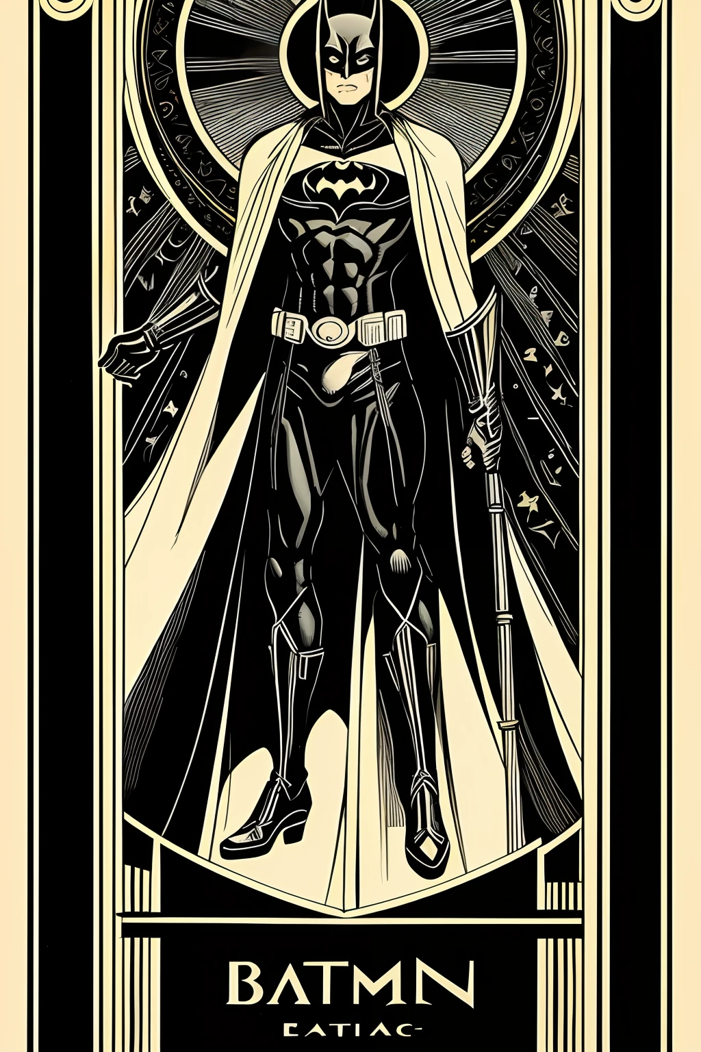 "Art Deco-inspired line art rendering of a Batman-themed tarot card."