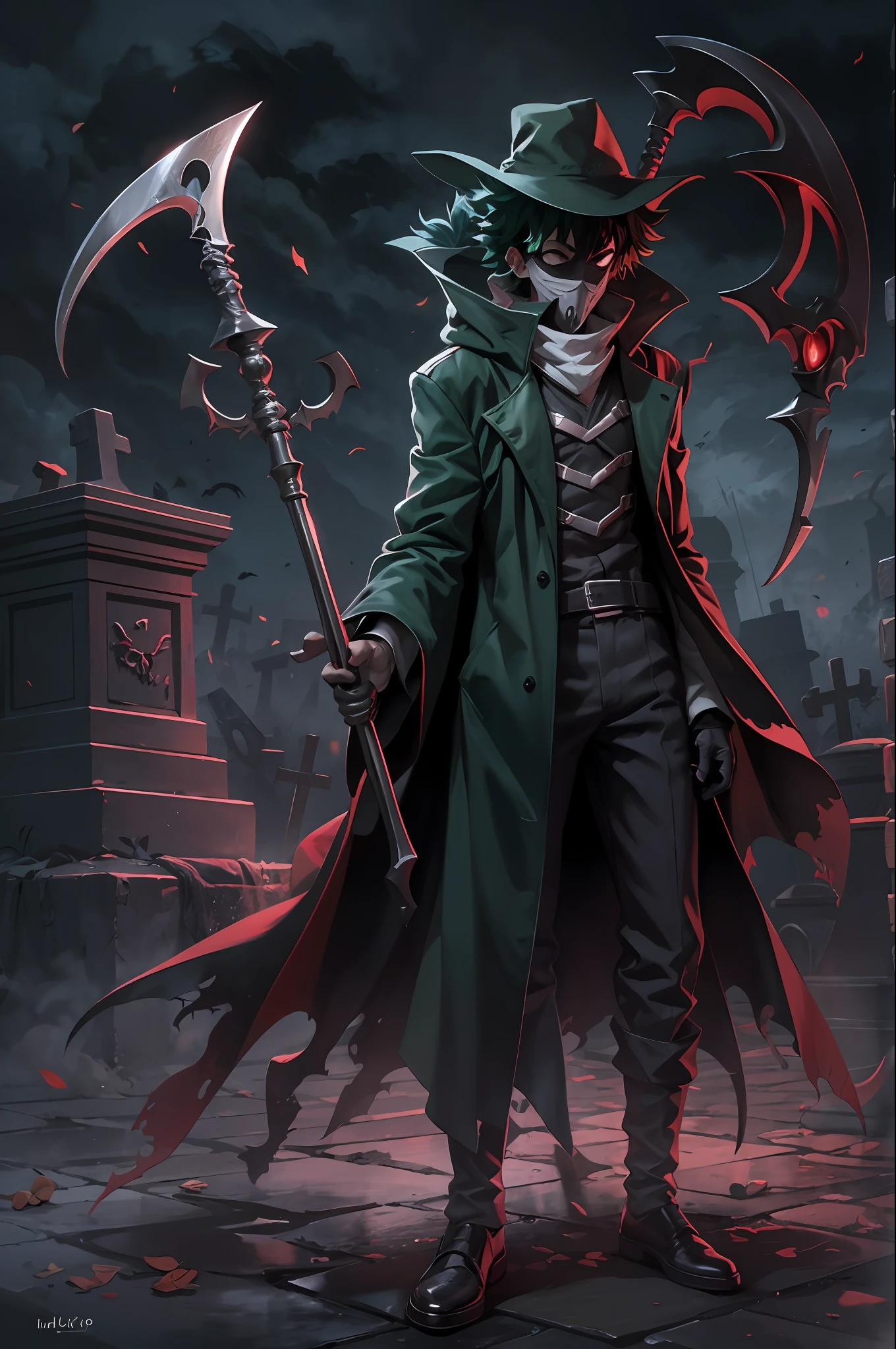 "izuku_midoriya as grim_reaper wearing plague_doctor_clothes, holding_menacing_scythe, standing cementary, bathed crimson_moonlight"