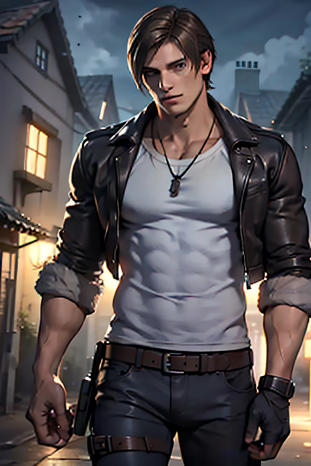 1 man, young man, 27 year old, Leon S. Kennedy from Resident evil 4, face of Eudard Badaluta, solo, white skin, muscular, lean muscle man, tall, hunk, wide shoulder, clean-shaven, dark brown hair, curtain hairstyle, dark brown leather jacket white fur on the neck, black T shirt inside, black pant, holding a pistol on right hand, viewer looking, high resolution:1.2, best quality, upper body shot, flat style, cloudy sky and old Spanish village background, nightime, low camera angle, volumetric lighting, depth of field, shadow