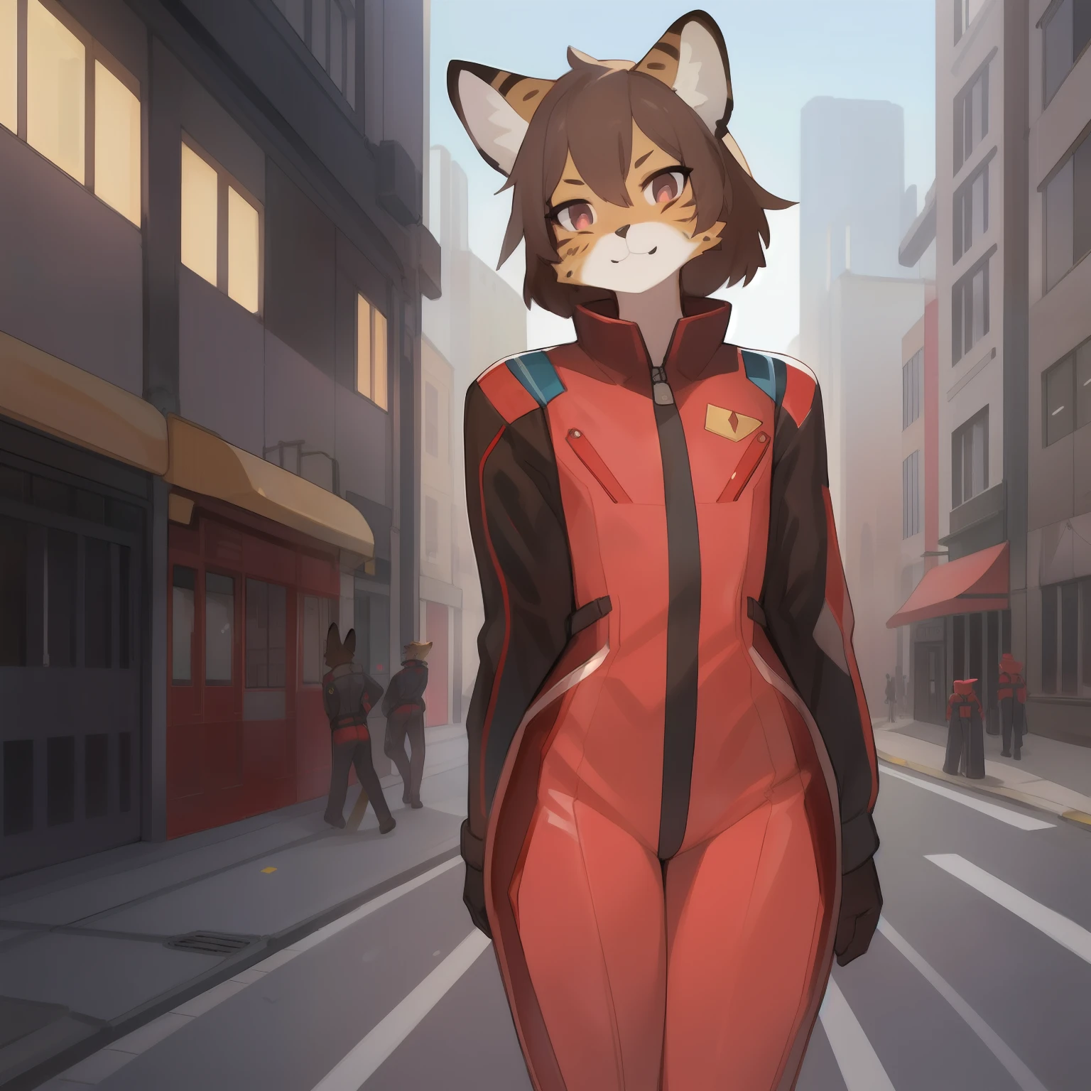 Solo, male, eyelashes, girly, femboy, eyeliner, lips, red military spacesuit, by bebebebebe, hair, street, black lip gloss, small waist, wide hips, serval