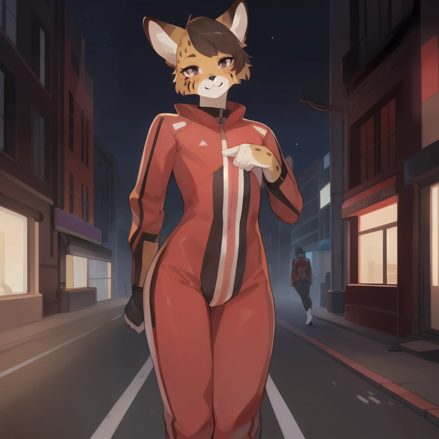 Solo, male, eyelashes, girly, femboy, eyeliner, lips, red military spacesuit, by bebebebebe, hair, street, black lip gloss, small waist, wide hips, serval
