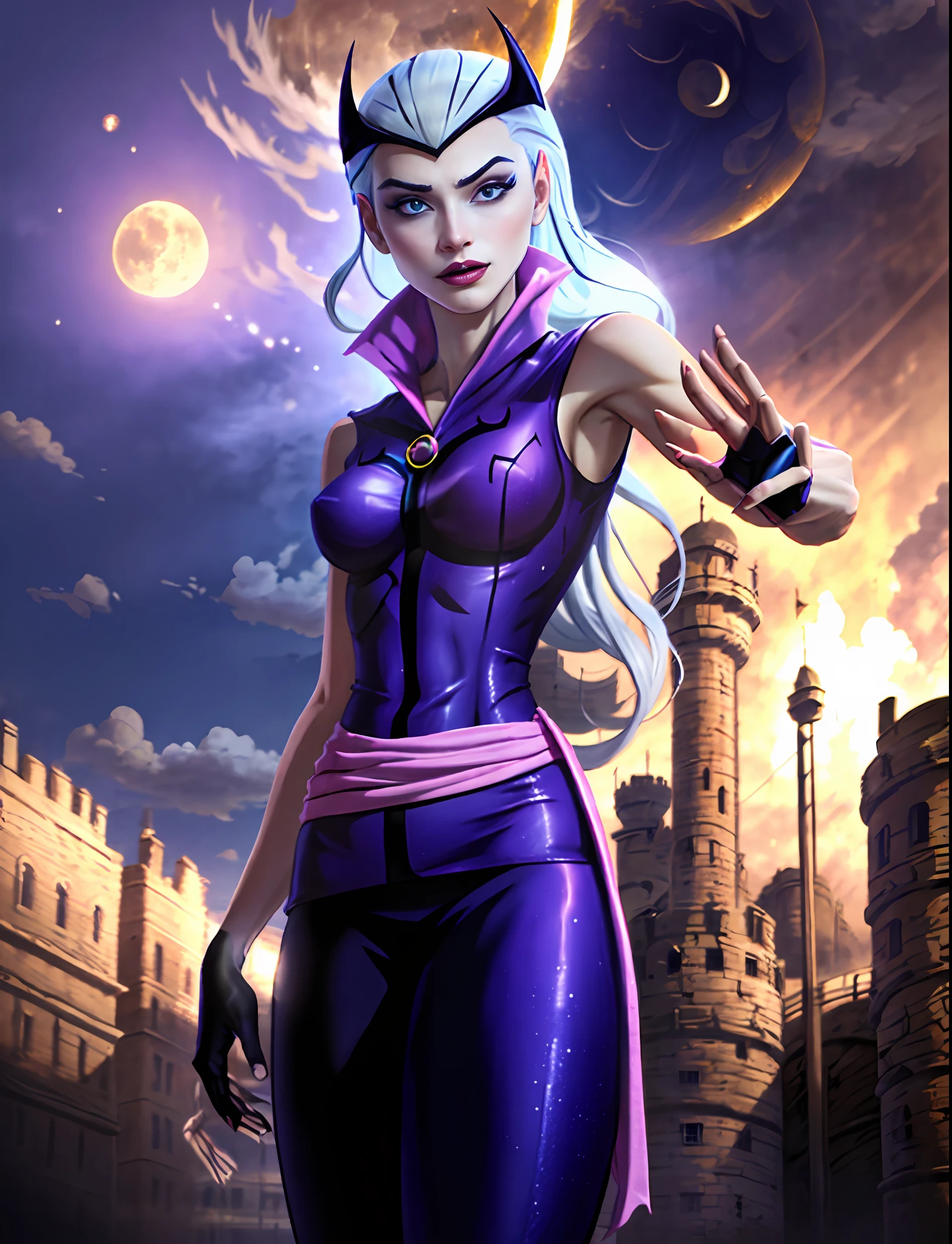 (cowboy shot), sfw, (masterpiece), (best quality:1.0), (ultra highres:1.0), detailed eyes, BREAK, Charmcaster, 1girl, slicked-back hair, blue eyes, long hair, dynamic pose, (black crown), purple dress, sleeveless, popped collar, black tights, red gem, fingerless gloves, pink waist-sash, BREAK, (castle, night, moon,  gorgeous view)