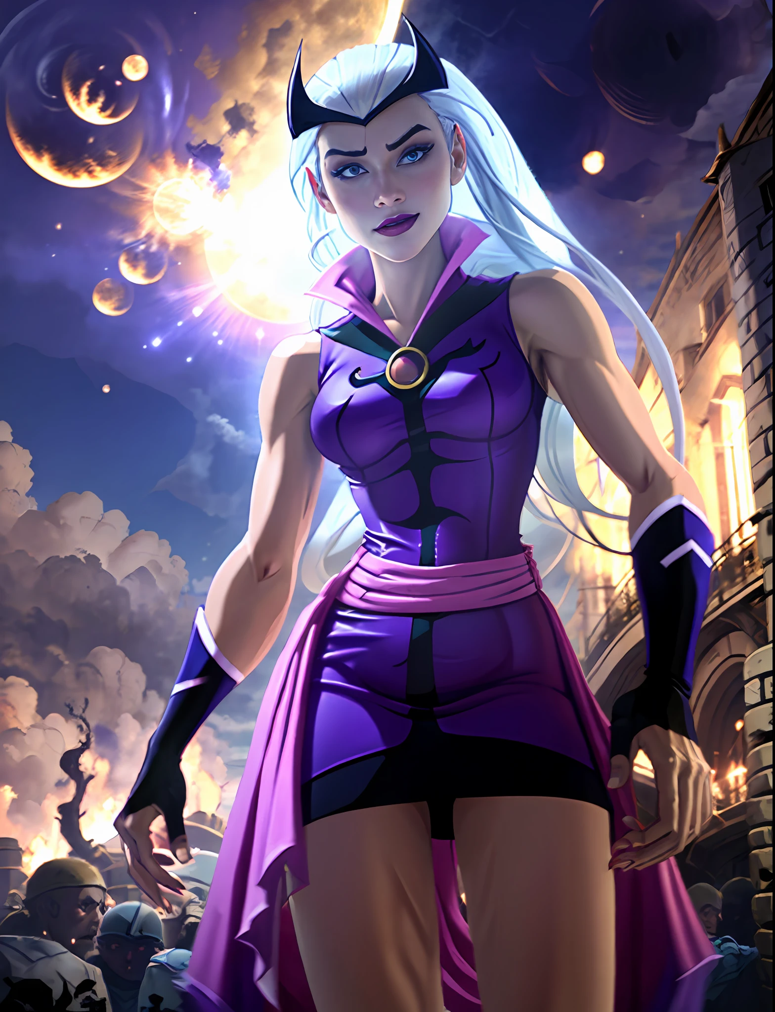 (cowboy shot), sfw, (masterpiece), (best quality:1.0), (ultra highres:1.0), detailed eyes, BREAK, Charmcaster, 1girl, slicked-back hair, blue eyes, long hair, dynamic pose, (black crown), purple dress, sleeveless, popped collar, black tights, red gem, fingerless gloves, pink waist-sash, BREAK, (castle, night, moon, gorgeous view)