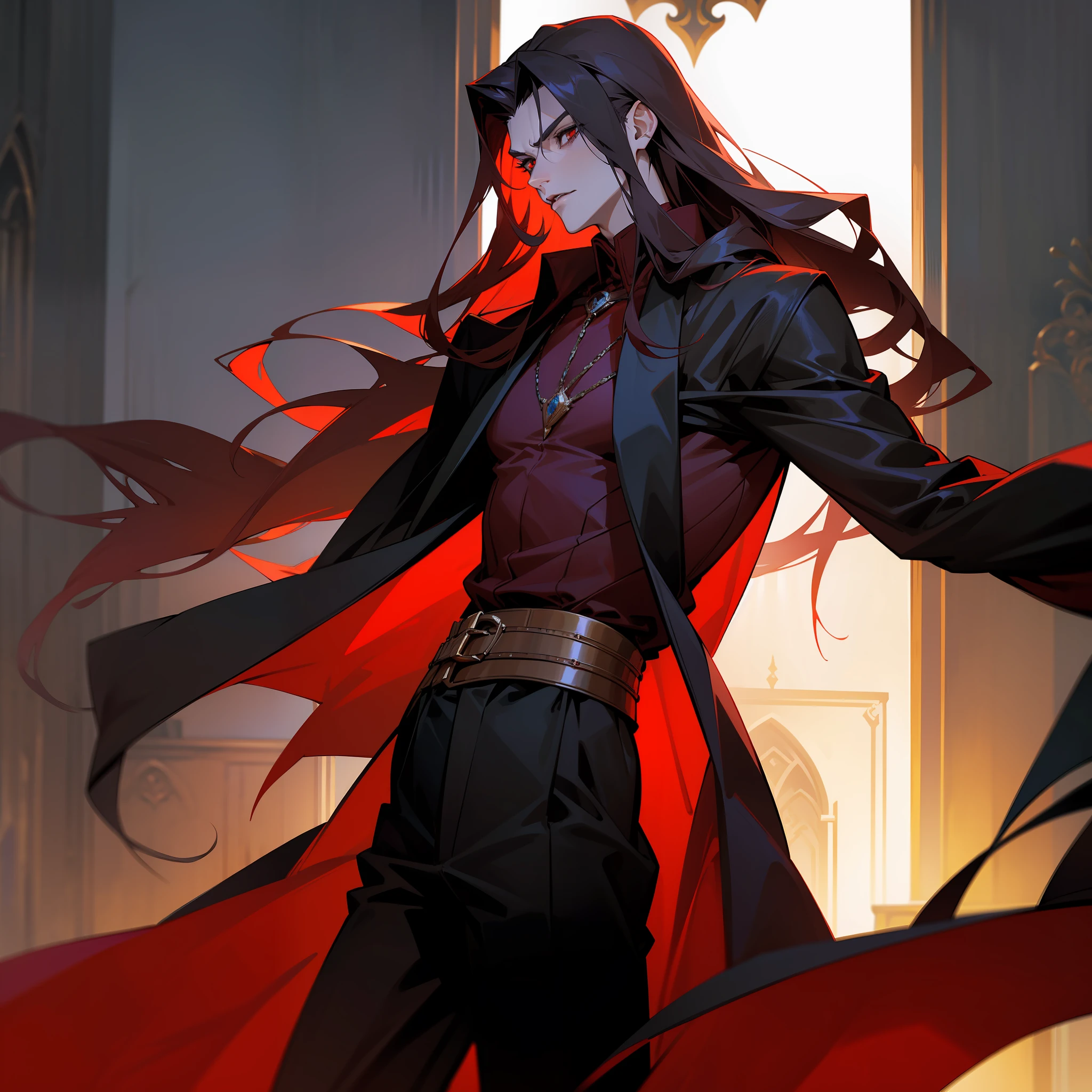 there is a man standing in a room with a beautiful women, skinny male, androgynous vampire, with long dark hair, as a medieval fantasy character, male vampire, handsome male vampire, with long hair, elegant outfit with red shirt and harness on torso, rings on hand, office background