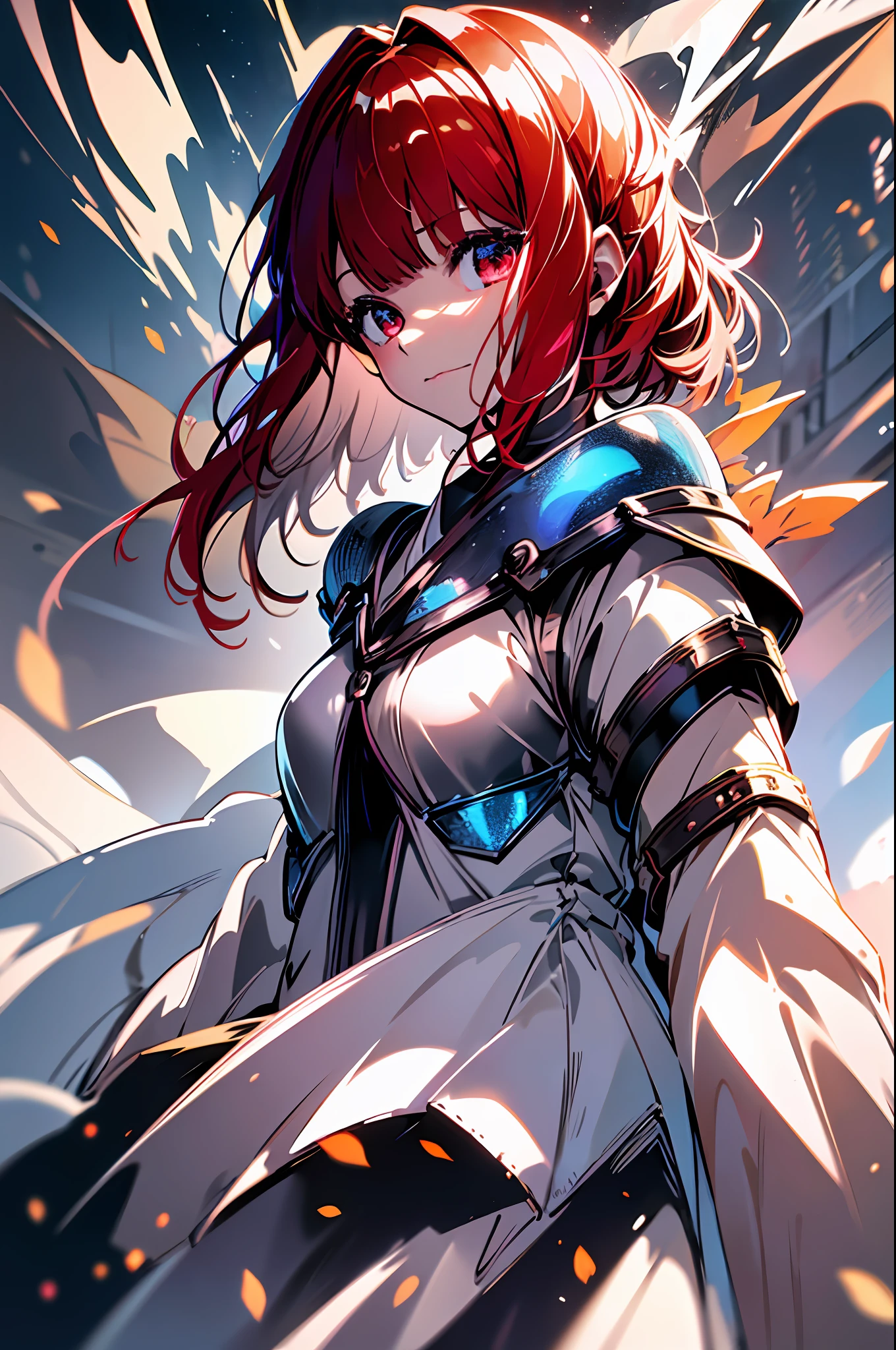 Hyperrealistic, Anatomical, Award-winning concept art Thor (1girl: 1.2) Gorgeous armor with golden sheen, Epic, God Raise, Central, (Masterpiece: 1.2), (Best Quality: 1.2), Amazing, Very detailed, Beautiful, fine detail, warm soft color grading, Depth of Field, Highly Detailed 8k, Fine Art, Stunning, Iridescent, GlossyReflection of light, clear, curls, wind, flying leaves, one girl, 13 years old, full body photo of petite girl, child actor, (long dress with sleeves: 1.3), ((White clothes)))), pantyhose with dark details, upper body closeup, bare shoulders, Japan girl, red hair, short hair, big eyes, red eyes, white skin, (very detailed skin: 1.2), portrait, dynamic pose, Hyperrealism, vibrant
