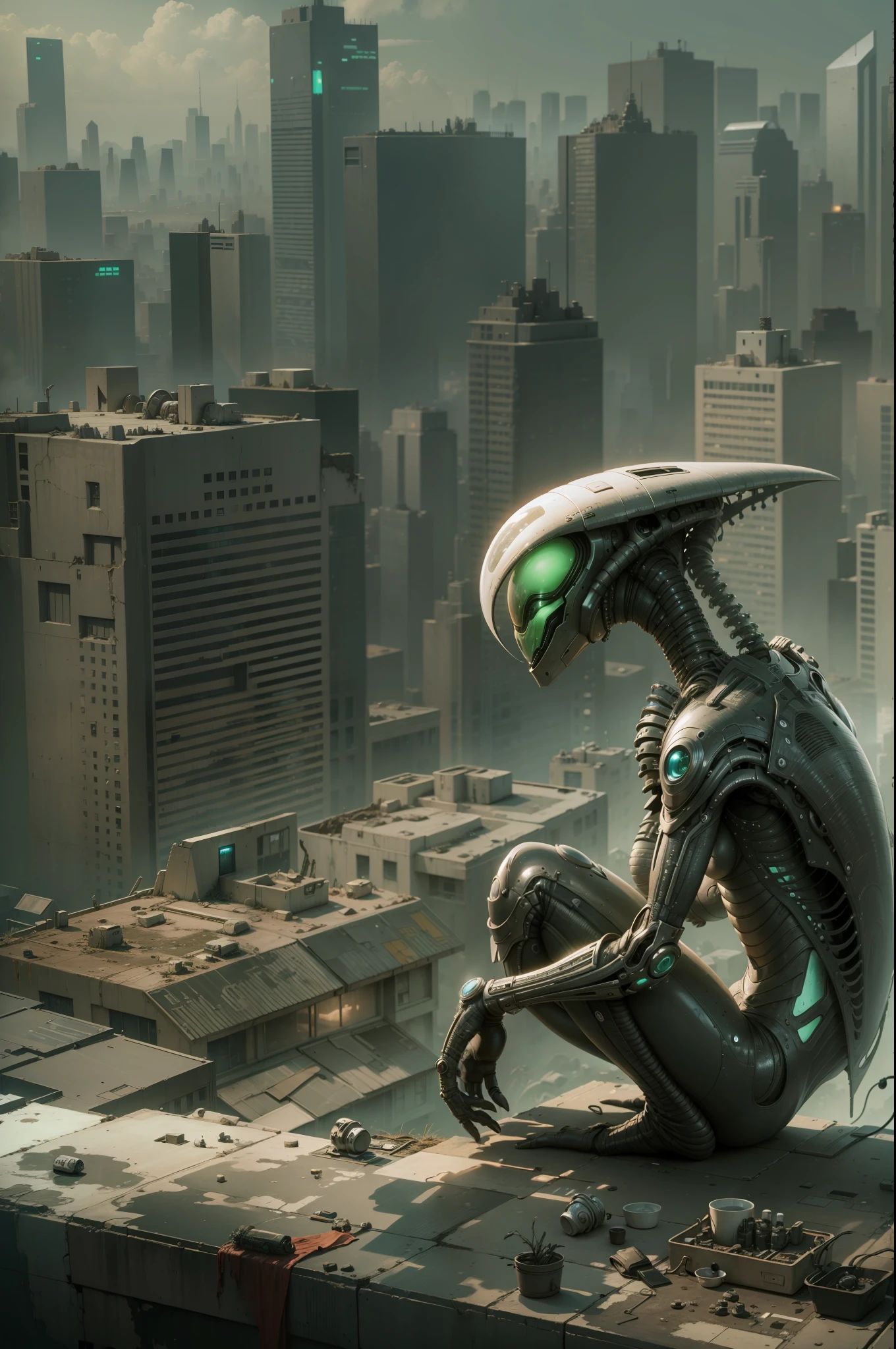 A technologically advanced and highly detailed alien in a post-apocalyptic cityscape.