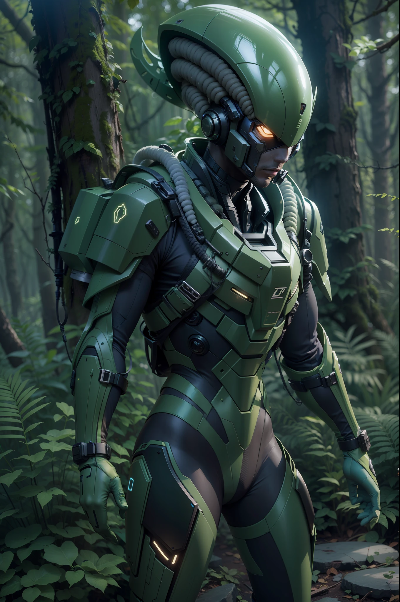 A highly technological and advanced alien soldier in a dense, closed forest.