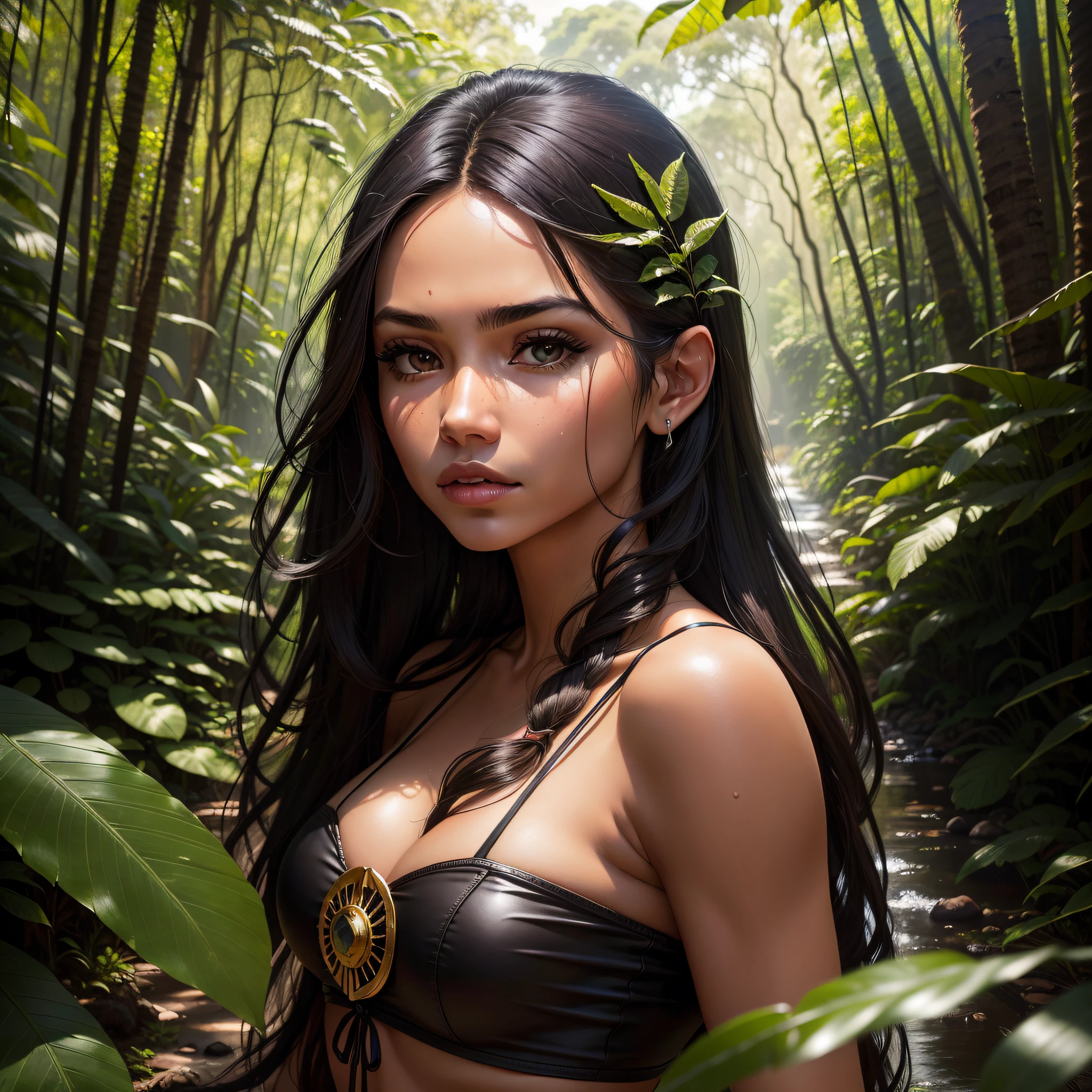 Linda morena, Enigmatic gorgeous face, guerra amazonas, ultrarrealista, cabelos ruivos, centralizada, solo, forest with rivers and vegetation Canon 8kcamera