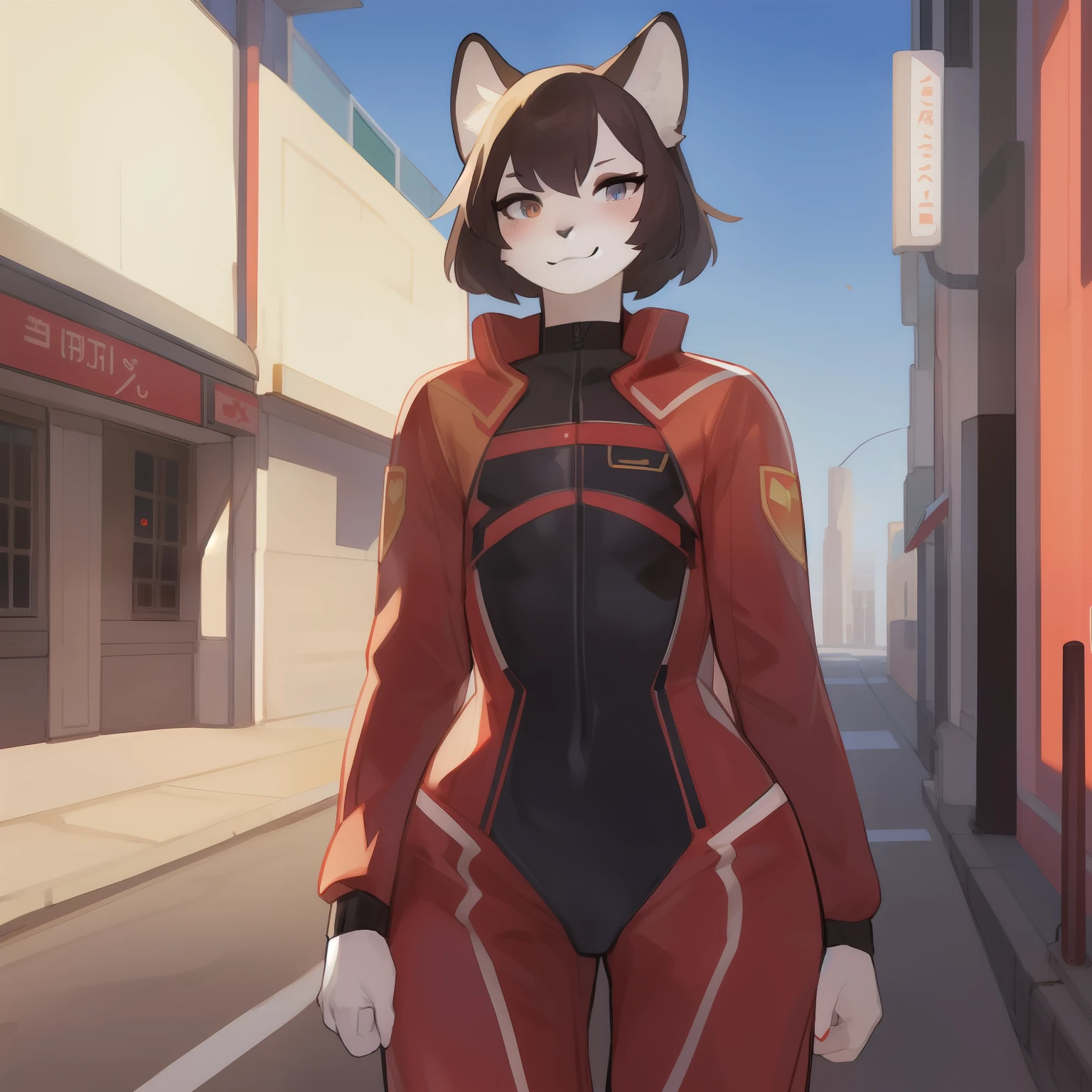 Solo, male, eyelashes, girly, femboy, eyeliner, lips, red military spacesuit, by bebebebebe, hair, street, black lip gloss, small waist, wide hips, puma