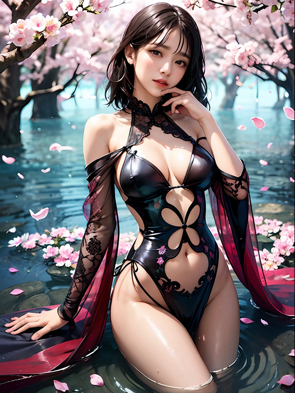 loose outfit、Show shoulders、Dark colored cheongsam、How to wear a black cheongsam、Decorated with intricate patterns and bright colors、Transparent material that makes the skin shine、Artistic depiction of seductive woman in gown with wet thin cloth and transparent skin, Floral and fantastic pattern with flowing silky traditional see-through skin。Her dress draped elegantly around her curvaceous figure、Emphasizes her charming silhouette。She's a gentle fireworks night、Dynamic Posing、Sexy Posing、bathed in the soft glow of moonlight。The scene is、With a hint of mystery and sensuality、It exudes an ethereal dreamy atmosphere。The image style is、It incorporates a blend of watercolor and digital illustration techniques.、It makes you feel delicate beauty and charm。Soft moonlit lighting、Cast gentle highlights and shadows on her mesmerizing features。Dynamic Posing、Bold poses、The hand is somewhere、see -through、show through、A sexy、Wet hair、Wet、(cherry trees、flower petals、cherryblossom、The cherry tree、Sakura Snowstorm 1.5)、buried、Transparent skin、Wet clothes、(Chest 1.2)、Navel Ejection、Swaying in the wind、Burgundy、pale red、(Slouch 1.5)、Lace color、lace choker、a choker、Lie on your back on the surface of the water、New lining、