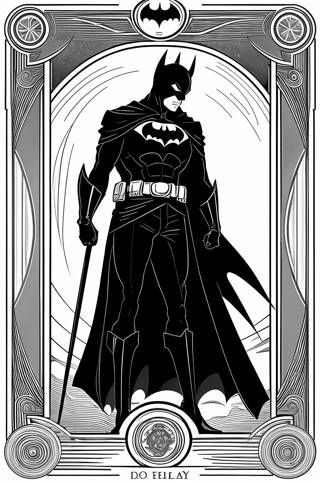 "Art Deco-inspired gothic horror Batman tarot card with detailed line art rendering."