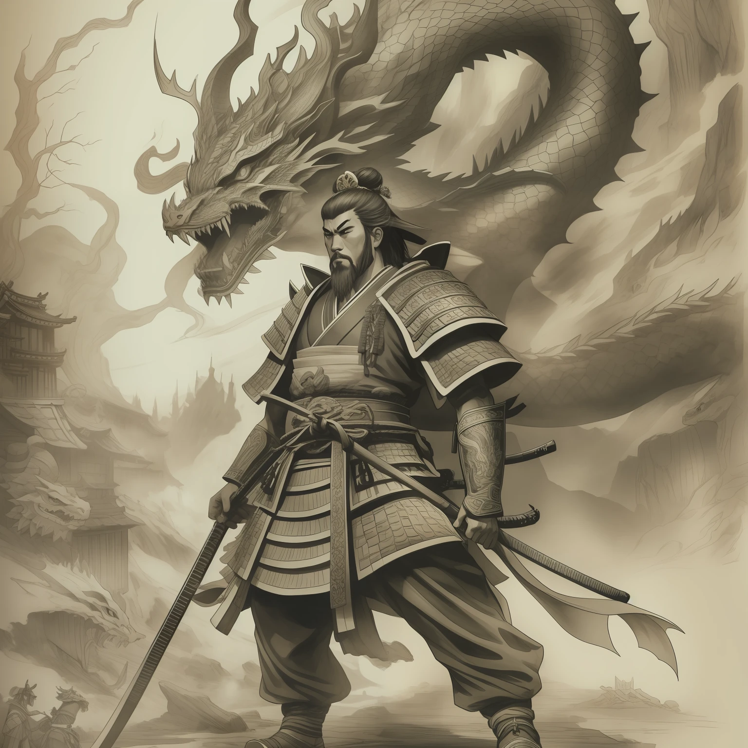 Ink sketch samurai worrier standing in front of dragon head, highly detailed
