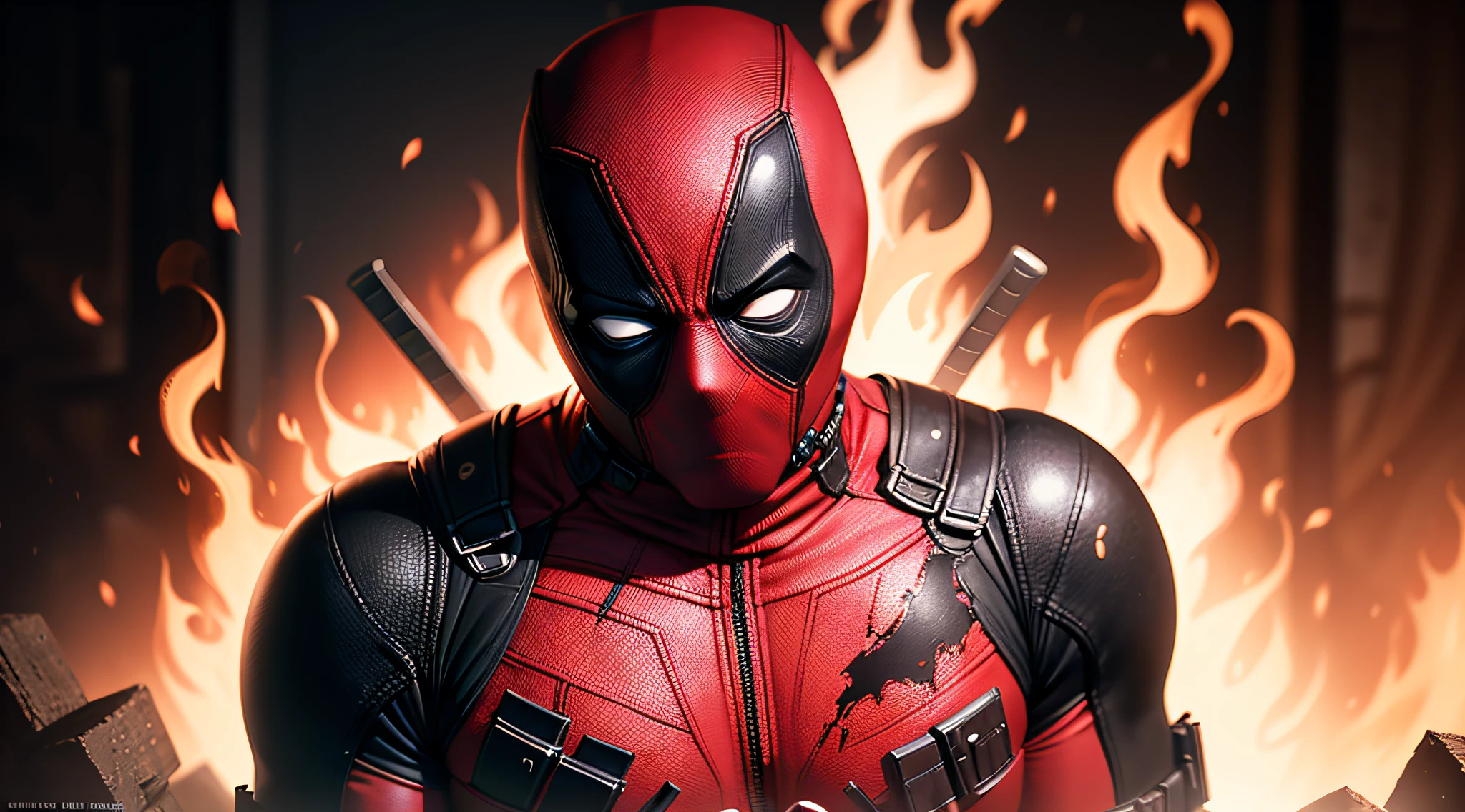 cinematic shot of realistic cute deadpool , surounded by fire, seamless, epic, cinematic, intricate detail, award winning, great lighting, shading, high quality, detailed