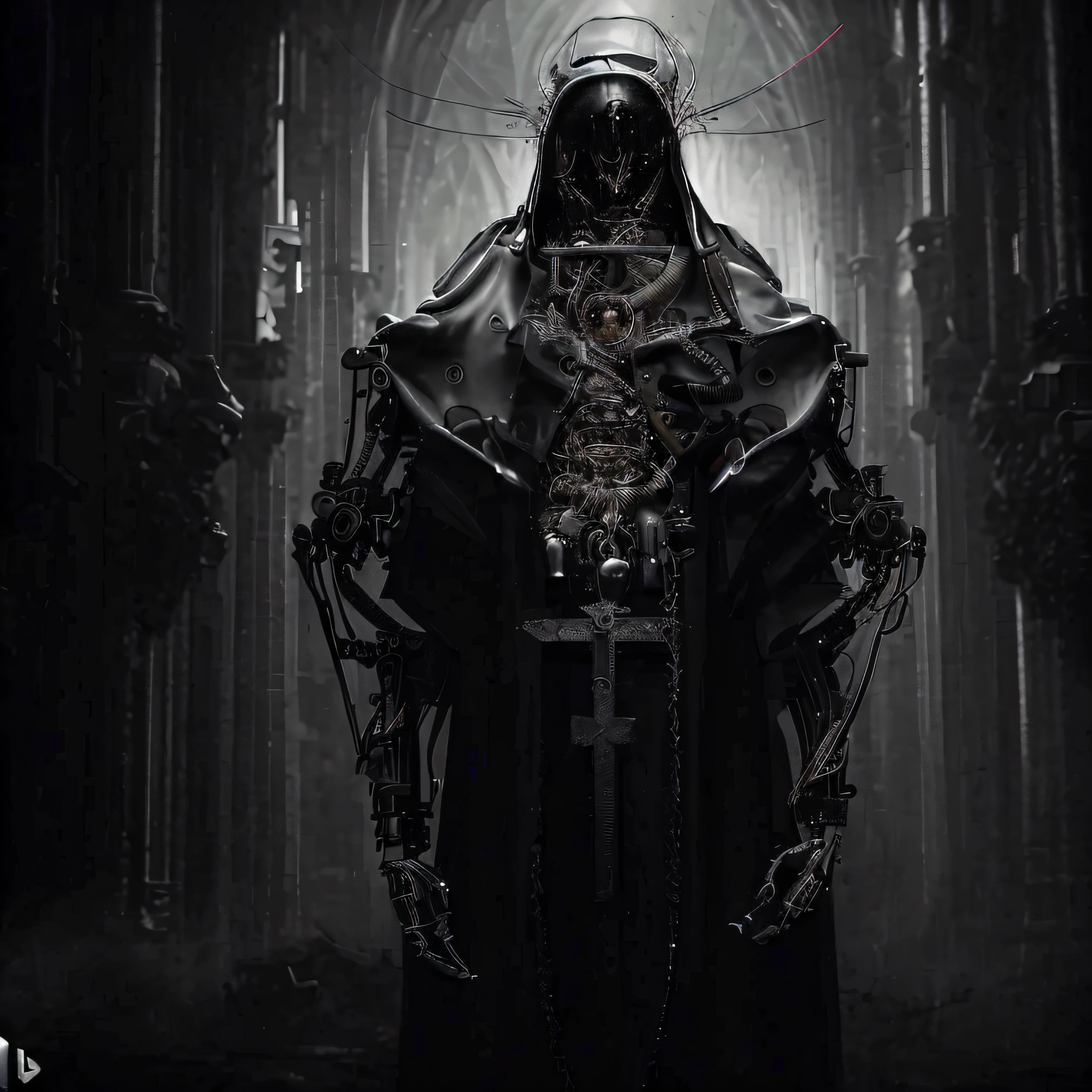 A closeup of a macabre biomechanical robot in a rustic old cassock with a crucifix hanging inside a dark Gothic cathedral, arte conceitual escura fotorrealista, Cyberpunk ortodoxo, Premiado na CGSetaltion, Sacerdote das Trevas, Catedral Cyberpunk, Arte negra barroca, Neo-Gothic concept, gothic - cyberpunk, vestido escuro, Destaque no ArtStation HD, ornamental gothic - cyberpunk, dark cinematic concept art, arte conceitual de fantasia sombria, gothic knight