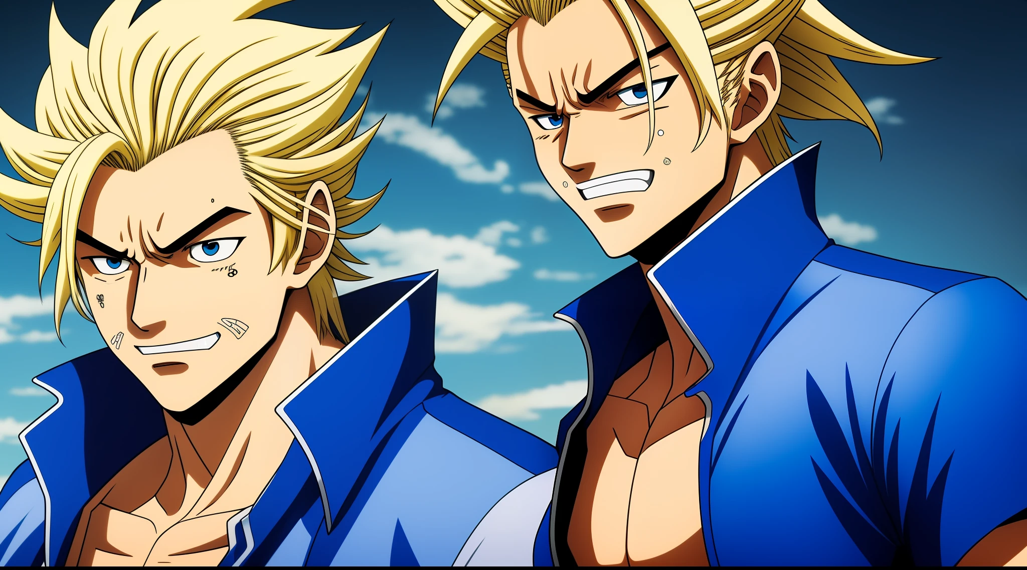 Anime guy with greyish blonde hair and blue shirt posing for the camera, sorriso roguish, Furio Tetesschi, from one piece, sorriso nefasto com poder de gelo saindo pelo canto da boca, homem bonito anime, kentaro miura manga art style, menacing stare, oda non, Kenaro Miura estilo de arte, 8k!!, sly expression, Feisar