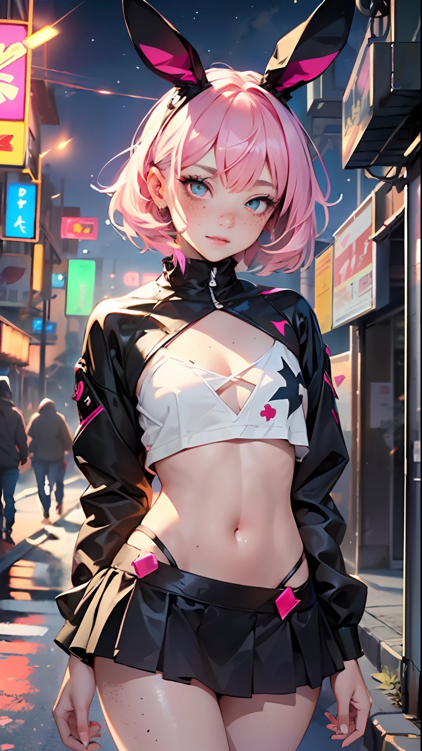 cute little bunny ,(((little loliall tiny body, petite))), (((6 years ime little bunny loli with extremelye and beautiful fuchsia  hair walking down the street)),(((bunny girl,anthro furry cute,bunny-girl))),(((bunny ears,bunny ears on head,big bunny ears))),

(((flat chest))), (((fuchsia hair:1.35,short fuchsia hair,colored inner hair,ear breathing,))),((heterochromia, eye1 fuchsia, eye2 pink, perfect eyes, upturned eyes:1.3, beautiful detailed eyes, finely detailed beautiful eyes:1, big highlight on eyes:1.2, slanted eyes)), (((freckles on the face, freckles,freckled girl))),(((lustrous skin:1.5,bright skin: 1.5,skin tanned,shiny skin,very shiny skin,shiny body,plastic glitter skin,exaggerated shiny skin))),(delicate detailed fingers,detailed body,detailed arms,human hands, detailed hands),

cute,slutty,,erotic,nsfw, 

zettai ryouiki,revealing clothing,show skin,((rave shirt, neon colored shirt, rave mini-skirt,visible thong straps)),(wearing a rave outfit:1.3,rave clothes,semi-naked,with little clothing,),(detailed outfit,detailed clothes),

(dynamic pose:1.0), solo focus, embarrassed, centered, scale to fit dimensions, Rule of thirds,

outdoors, ((night view)), (cyberpunk night street Background: 1.5,dark sky,alleyway,lonely alley,thick clouds, detailed background:1.25),

(best quality), (high resolution), (sharp focus), (ultra detailed), (extremely detailed), (extremely high quality artwork), 8k_wallpaper, (extremely detailed CG 8k),(very fine 8K CG), ((hyper super ultra detailed perfect piece)), flawless, (((masterpiece))), illustration, vibrant colors,  (intricate), High contrast, Selective lighting, Double exposure, HDR (High Dynamic Range), Post-processing, Background blur,