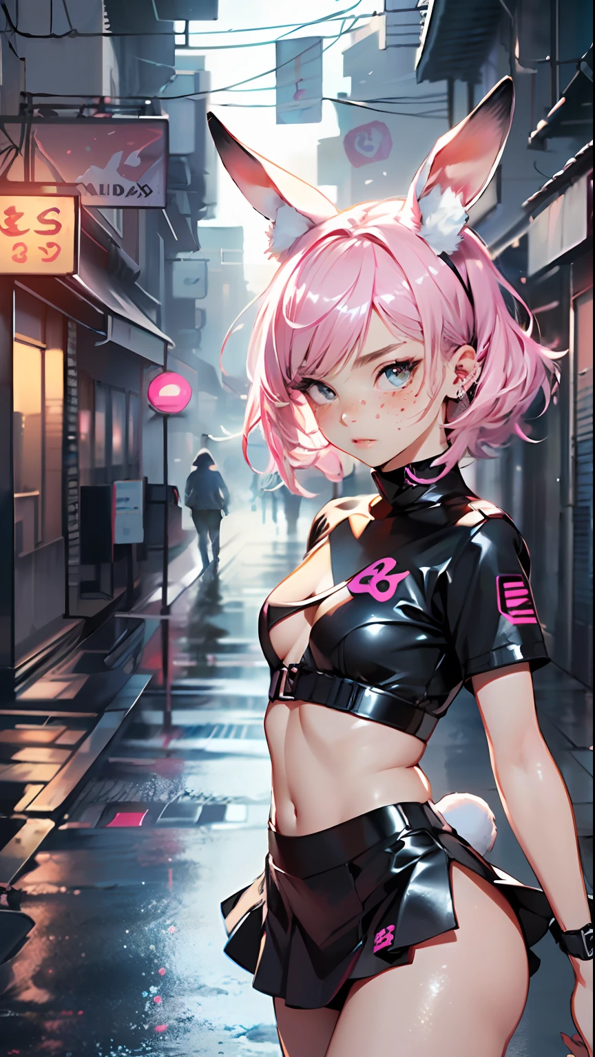 cute little bunny loli,(((little loli, small tiny body, petite))), (((6 years old))),((anime little bunny loli with extremely cute and beautiful fuchsia hair walking down the street)),(((bunny girl,anthro furry cute,bunny-girl))),(((bunny ears,bunny ears on head,big bunny ears))),
(((flat chest))), (((fuchsia hair:1.35,short fuchsia hair,colored inner hair,ear breathing,))),((heterochromia, eye1 fuchsia, eye2 pink, perfect eyes, upturned eyes:1.3, beautiful detailed eyes, finely detailed beautiful eyes:1, big highlight on eyes:1.2, slanted eyes)), (((freckles on the face, freckles,freckled girl))),(((lustrous skin:1.5,bright skin: 1.5,skin tanned,shiny skin,very shiny skin,shiny body,plastic glitter skin,exaggerated shiny skin))),(delicate detailed fingers,detailed body,detailed arms,human hands, detailed hands),
cute,slutty,,erotic,nsfw,
zettai ryouiki,revealing clothing,show skin,((rave shirt, neon colored shirt, rave mini-skirt,visible thong straps)),(wearing a rave outfit:1.3,rave clothes,semi-naked,with little clothing,),(detailed outfit,detailed clothes),
(dynamic pose:1.0), solo focus, embarrassed, centered, scale to fit dimensions, Rule of thirds,
outdoors, ((night view)), (cyberpunk night street Background: 1.5,dark sky,alleyway,lonely alley,thick clouds, detailed background:1.25),
(best quality), (high resolution), (sharp focus), (ultra detailed), (extremely detailed), (extremely high quality artwork), 8k_wallpaper, (extremely detailed CG 8k),(very fine 8K CG), ((hyper super ultra detailed perfect piece)), flawless, (((masterpiece))), illustration, vibrant colors, (intricate), High contrast, Selective lighting, Double exposure, HDR (High Dynamic Range), Post-processing, Background blur,