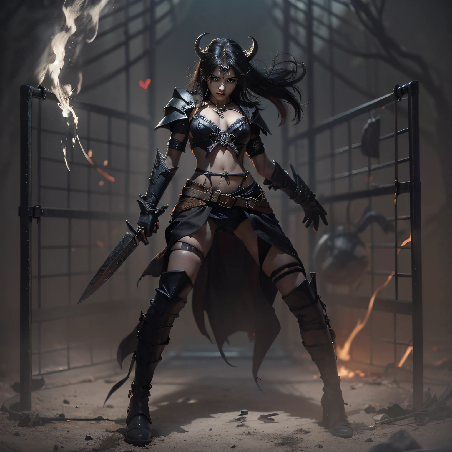 《Diablo 4》A fierce female thief in dark leather armor, Her agile figure blends in with shadows, Wield a double dagger,With lethal precision. She passionately fights a group of demonic creatures, Black and white glow from ((The razor's cage binds the heart)) A necklace as big as her chest hung around her neck. The necklace beats with ominous energy, When she fights the dark forces in the desolation,Her face cast an eerie light, apocalyptic landscape.The razor's cage binds the heart, Critical damage dealt and all subsequent damage will be absorbed by the target。subsequently, Absorb damage,Fiercely attack the surrounding enemies。