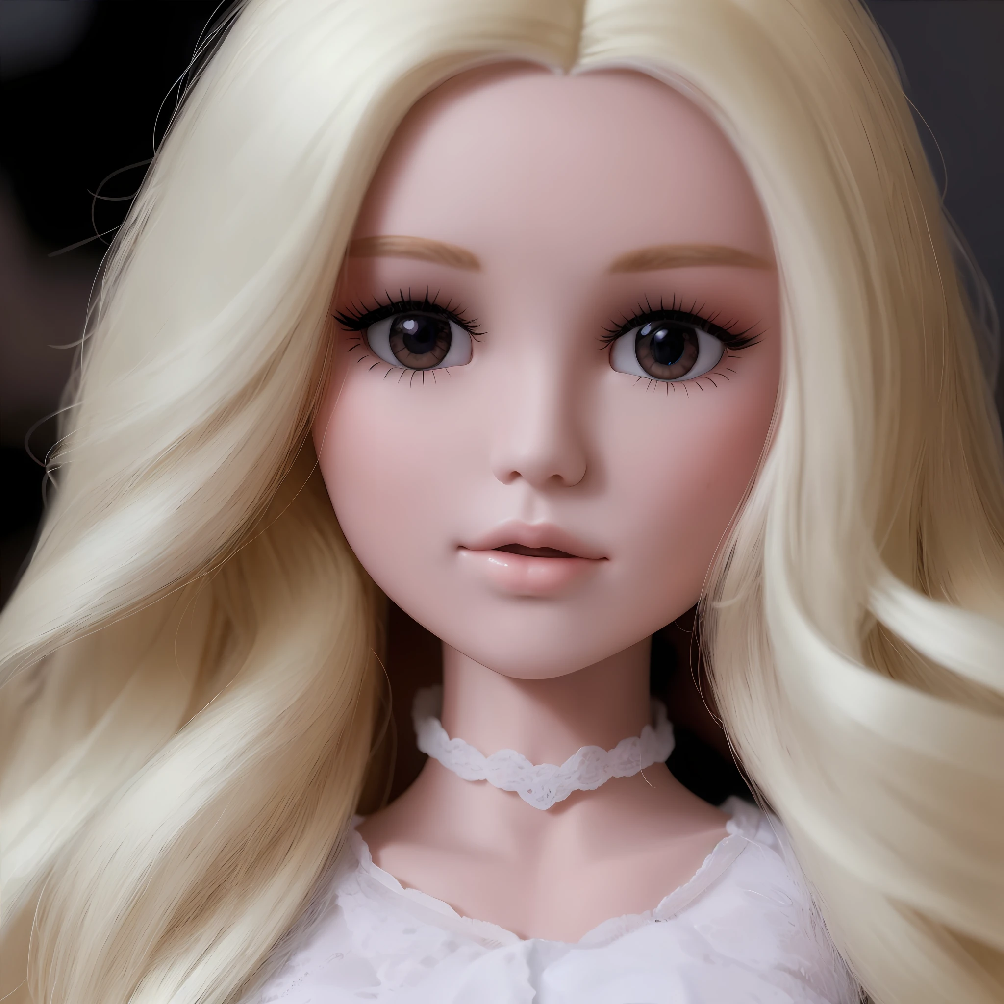 boneca barbie loira com longos cabelos loiros e um vestido de renda branco, longos cabelos loiros e olhos grandes, Well done eyelashes, boneca articulada da bola, longos cabelos loiros e olhos grandes, cabelos loiros e olhos grandes, skyboneca noa |, imagem detalhada, imagem detalhada, plastic doll, pale milky white porcelain skin, boneca barbie anime, Retrato da boneca Barbie, boneca, cara de boneca, porcelana pele branca